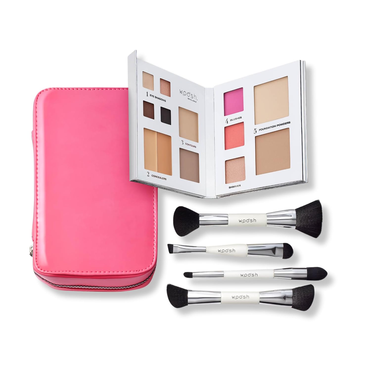 Woosh Beauty, Jetsetter Bundle in #2 Medium Light, Fold out Face Original, Essential Brush Set, Travel Case in Hot Pink