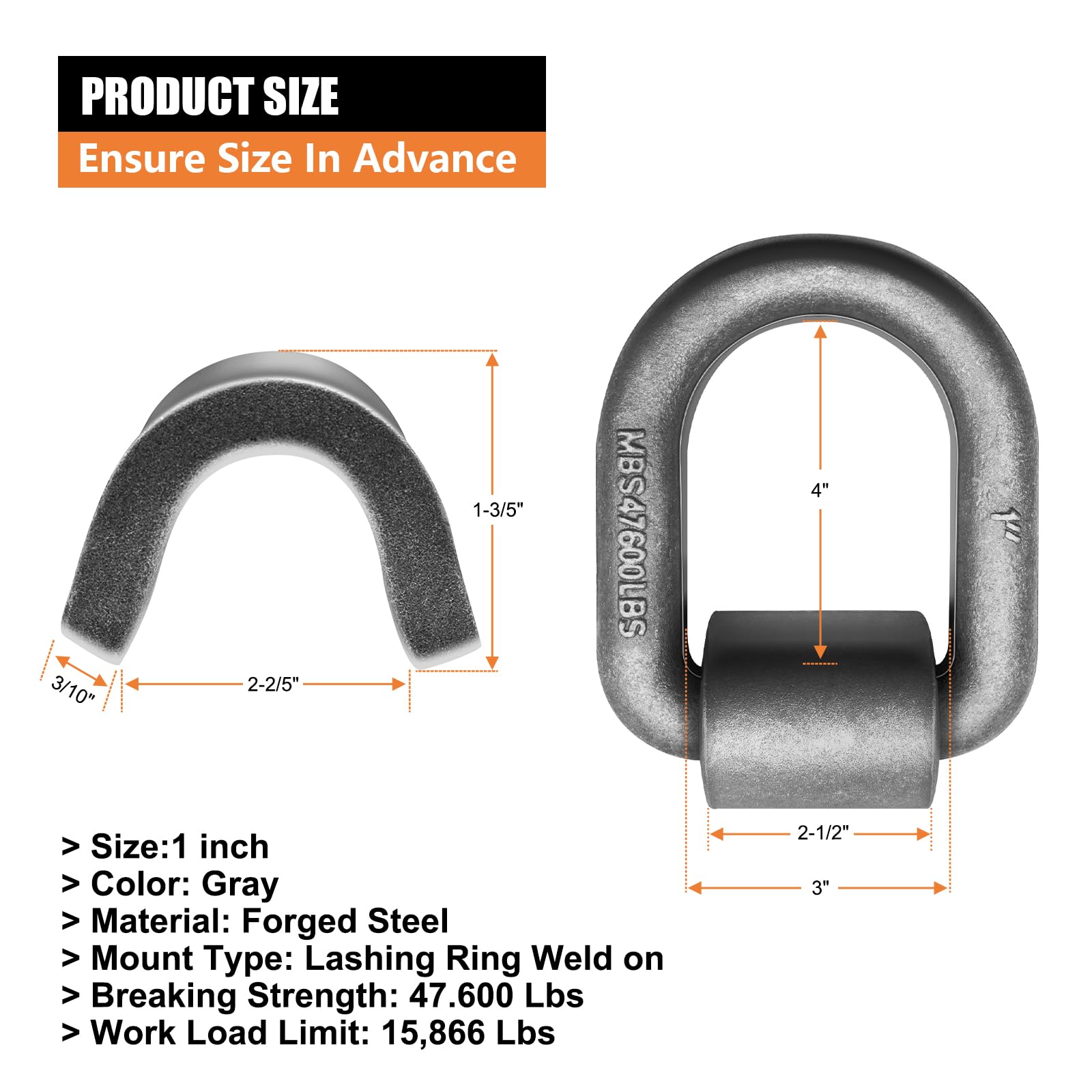 Confezione da 4 anelli a D saldabili da 2,5 cm, resistenti, per rimorchi, carico di rottura 21,2 kg