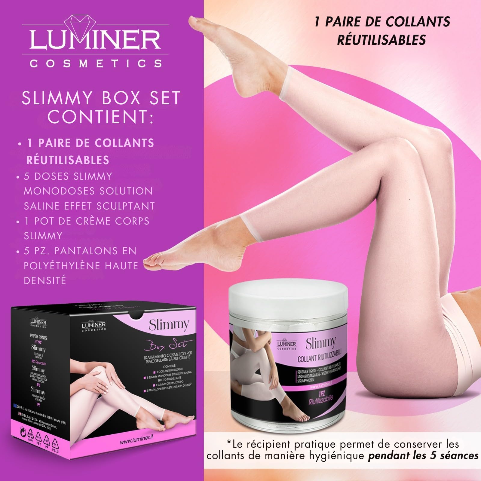 Luminer Slimmy Set Box – avec 5 Collants de Soin Réutilisables, Sel de la Mer Morte, Pantalon de Soin, Crème Raffermissante, Soin Silhouette