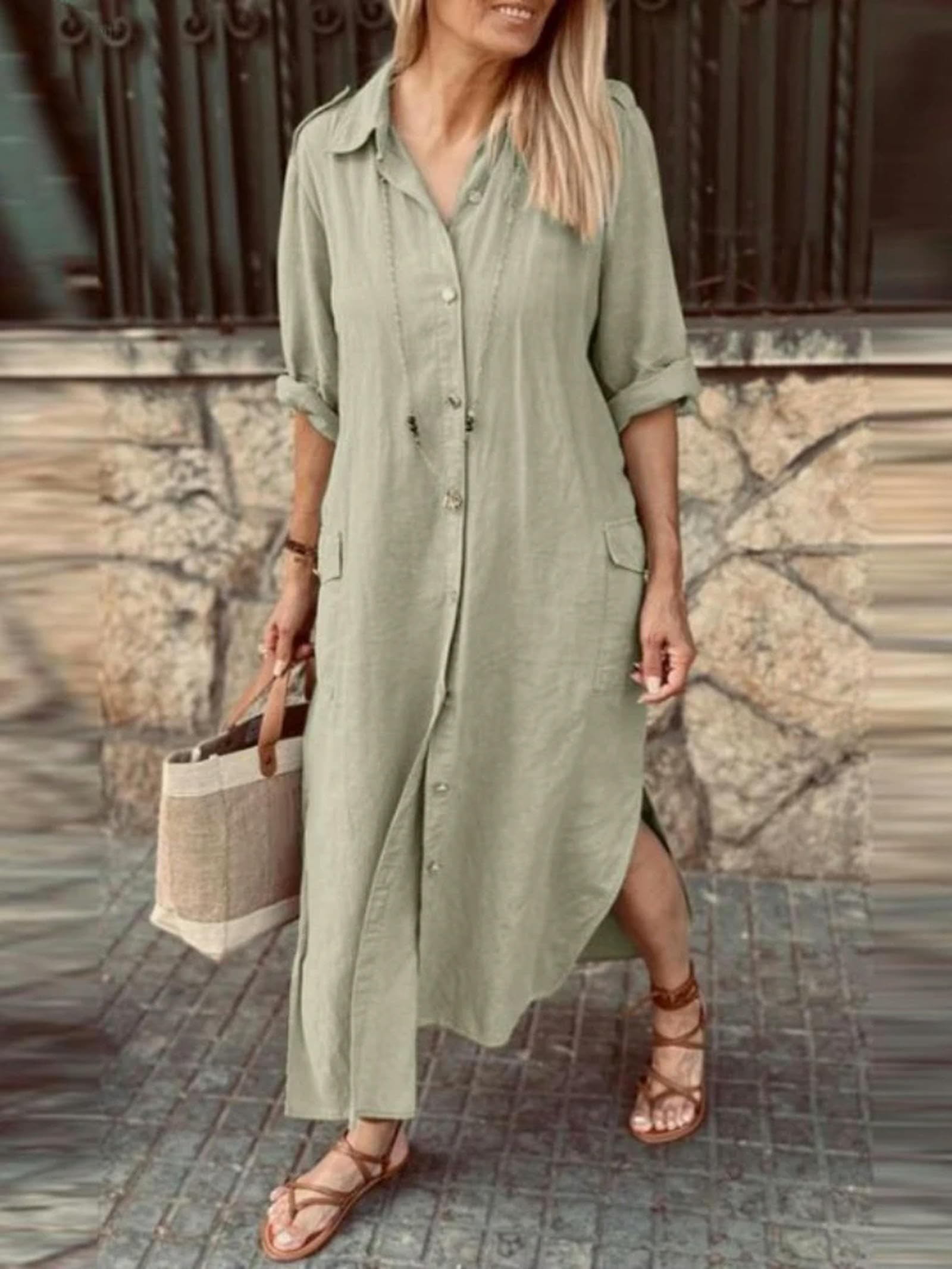 Vestido Largo de algodón y cáñamo para Mujer, Camisa Holgada de un Solo Pecho de algodón y cáñamo, Vestido Informal de Color sólido, otoño