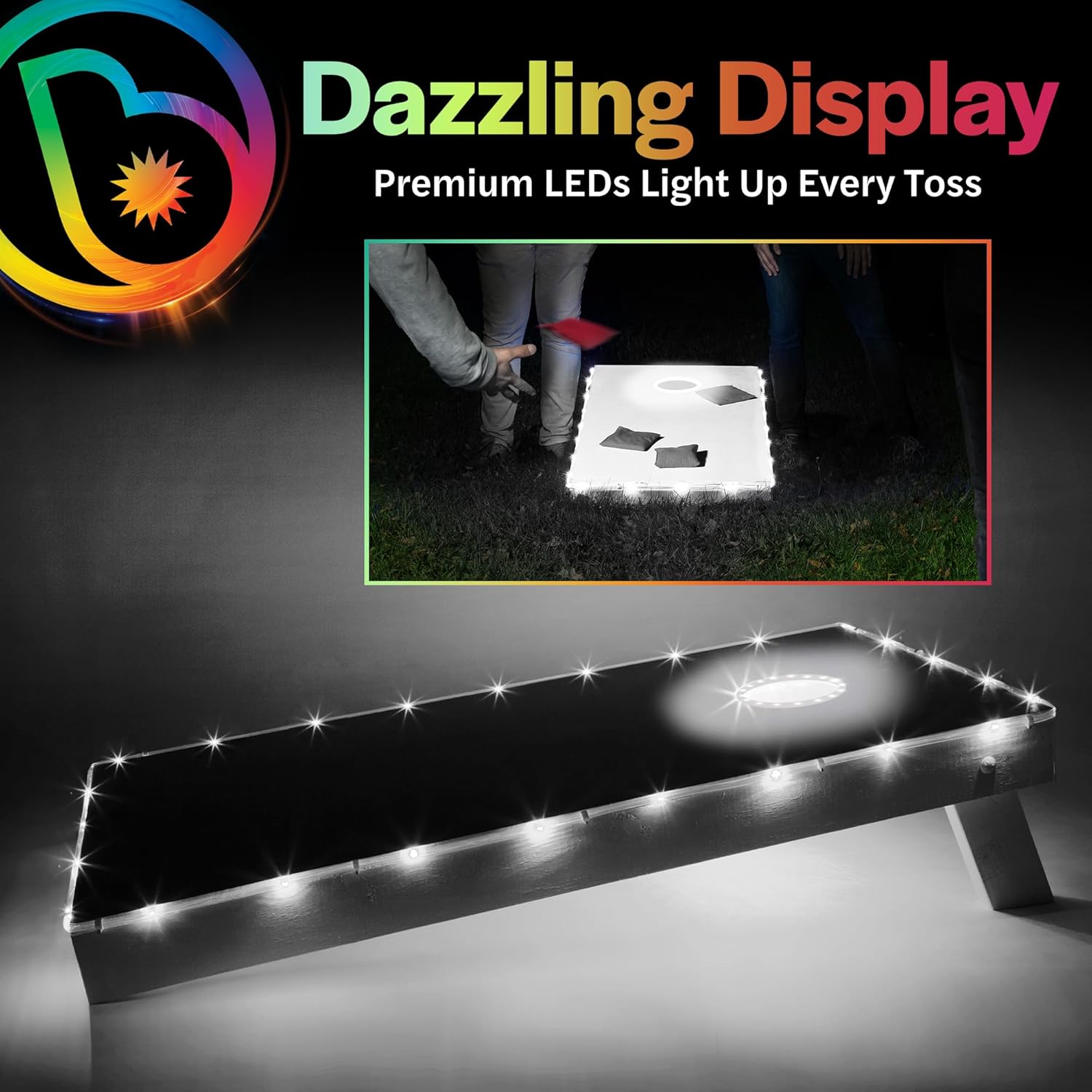 Brightz Premium Cornhole Ring Light & Edge Light Bundle - Includes RingBrightz Cornhole Ring Lights + TossBrightz Cornhole Board Edge Lights - The Ultimate Bundle for Ultra Brightness (White)