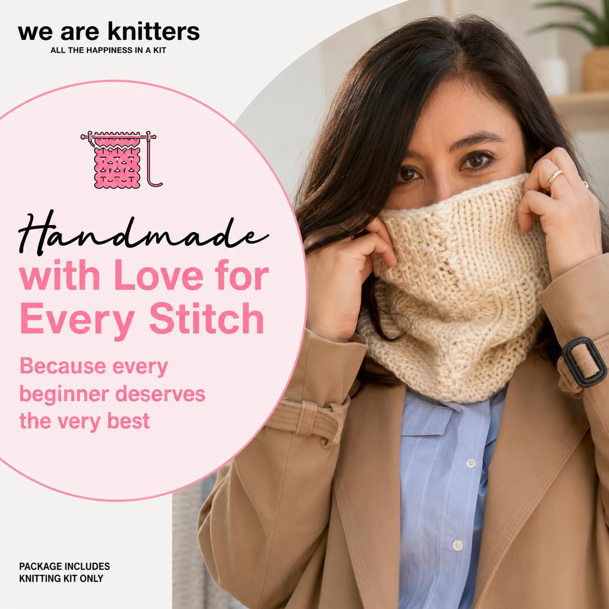 We Are Knitters Stichproben-Strickset, Anfängerfreundliches Strick-Starter-Set mit Baumwollgarn, lernen Sie wichtige Stiche und machen Sie Ihren ersten Schlauchschal