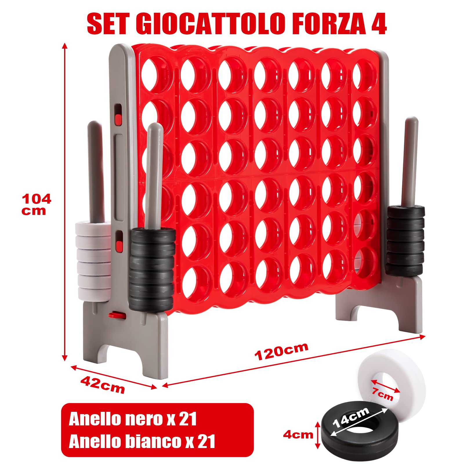 GYMAX Gioco a Terra di 4 in Linea, Grande Gioco della Strategia di Forza 4 con 42 Scacchi, per Bambini, Adulti, Gioco di Società per Riunioni di Famiglia, 120 x 42 x 104 cm (Rosso+Grigio)