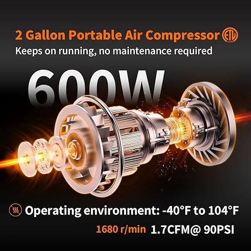 Miniatura 3 de Compresor de aire portátil de 2 galones 0.75HP 1.7 CFM90PSI 60dB Compresor de aire libre de aceite ultra silencioso ideal para inflado de