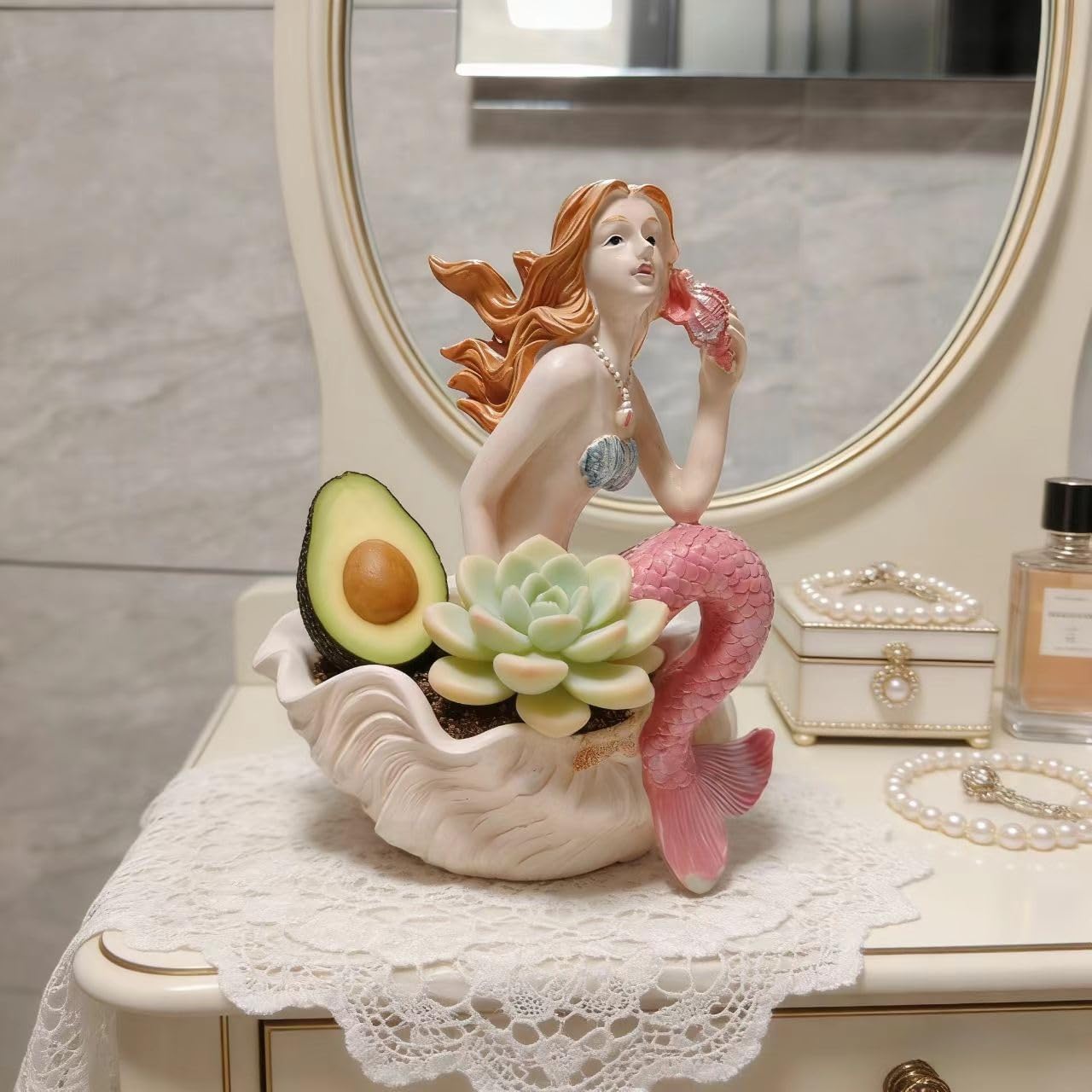 Mermaid Resin Planter Statue, Conch Base Succulent Flower Pot for Home Garden Nautical Decor (Pink)