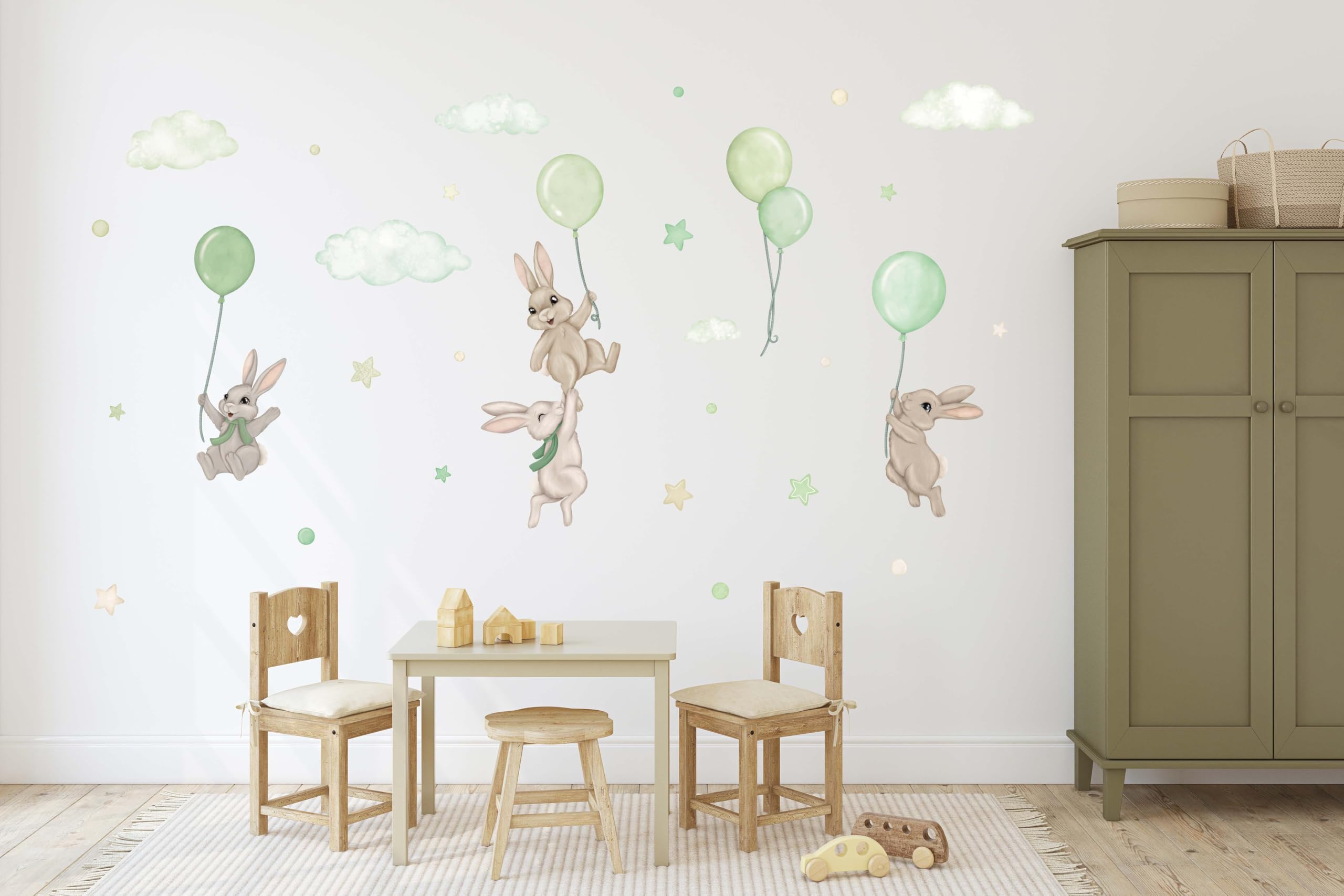 Adhesivo de pared para habitación de bebé - Adhesivo de pared para habitación de bebé - No tóxico, seguro, potente - 29 piezas de pegatinas, conejitos con globos - Verde, Crema, Beige