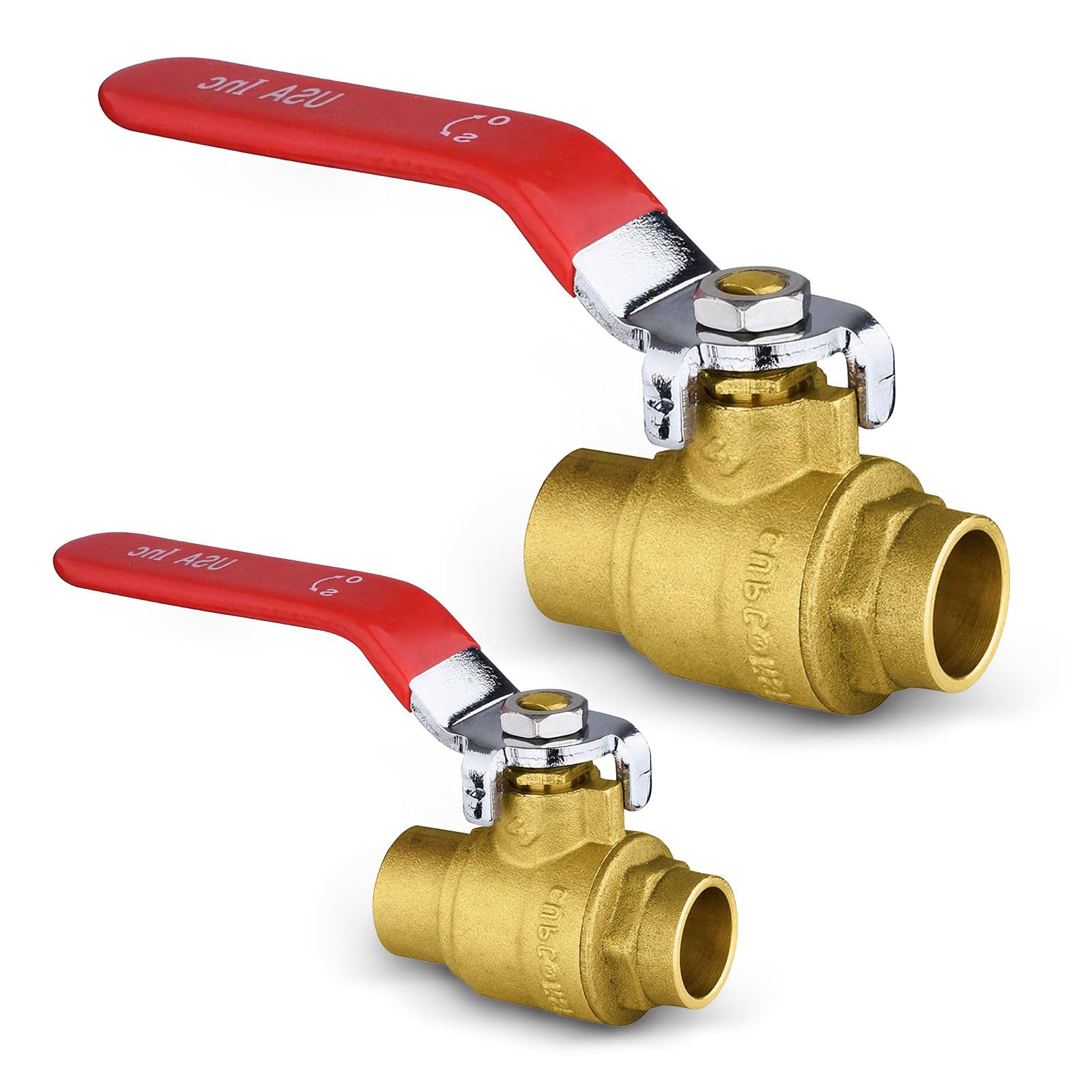 Lot de 2 robinets à boisseau sphérique, 1,27 cm, rouge sueur, sans plomb, robinet à boisseau sphérique d'arrêt complet en laiton pour eau chaude et froide, certifié NSF/ANSI 61