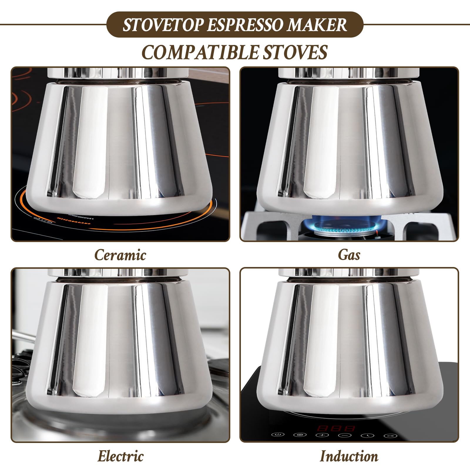 LAOION Cafetera espresso para estufa, cafetera cubana e italiana de acero inoxidable 18/8 para cafetería cubana, compatible con estufa de inducción Greca De Cafe, 300 ml, regalo de café para viajes en