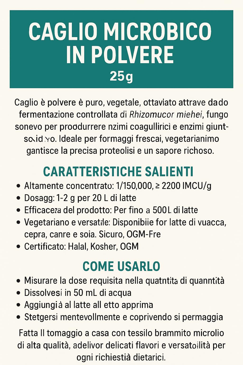 Cuajo en Polvo Microflora 25 g – Cuajo Vegano y Natural para la Elaboración de Quesos Frescos y Veganos