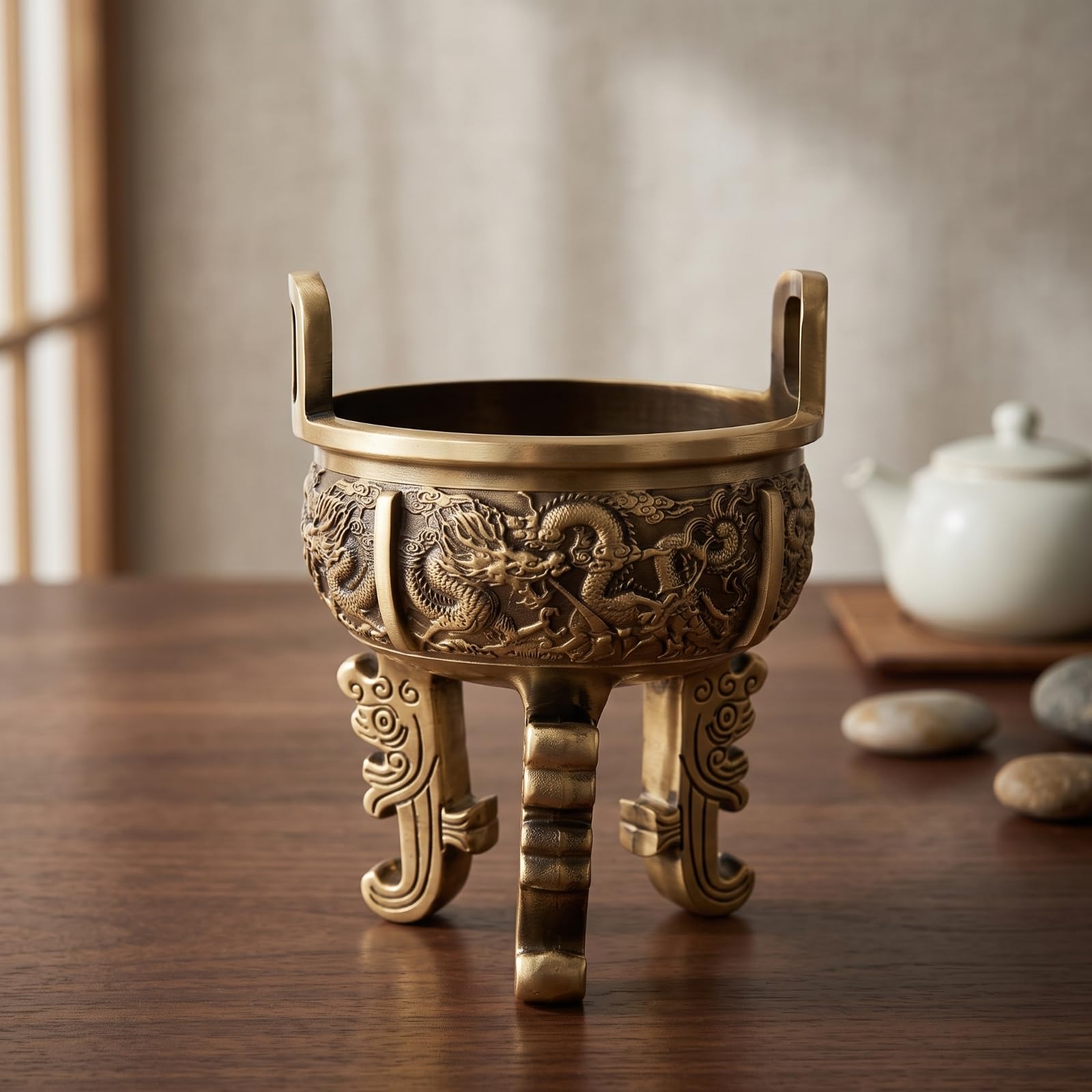Amazon.co.jp: petsola 真鍮製香炉 竜浮き彫り 竜彫刻入り香炉 鼎型 耐