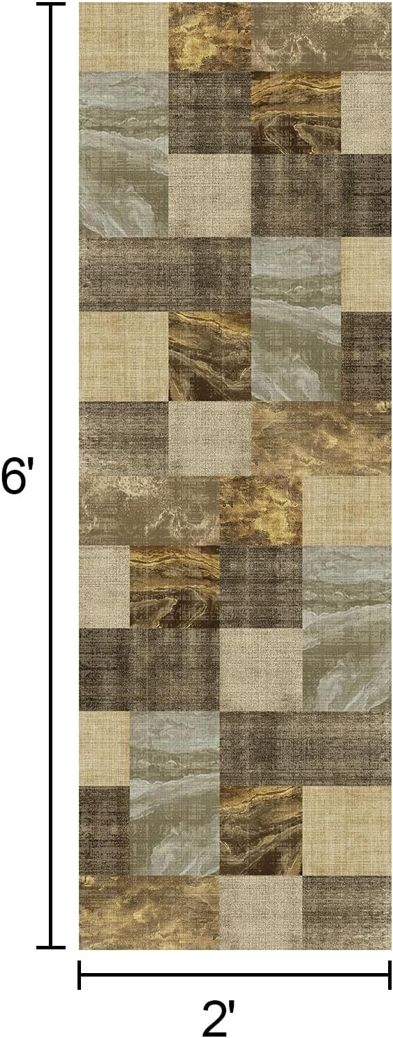 2×6 Hallway Runner Rug,Washable Modern Neutral Checkered Abstract Throw Area Rugs with Non-Slip Backing,High Traffic Carpet for Kitchen,Bathroom,Bedroom and Entryway,Brown and Lt.Yellow