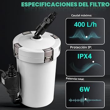 EXLECO External Aquarium Filter 400L/H 6W Fish Tank Filter Adjustable Flow with Filter Material and Hose Aquariums Tube, Aquarium Filter Pump for Fish Tank Less than 300L HW-603B