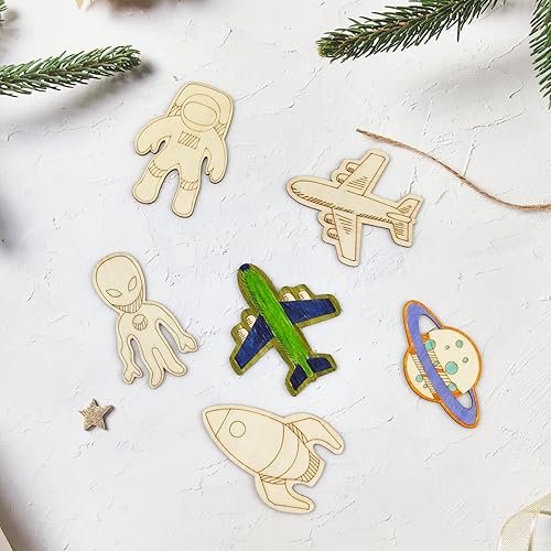Miniatura 4 de Paquete de 32 recortes de madera para el espacio exterior, planeta de madera, cohete, adornos colgantes para bricolaje, espacio exterior,