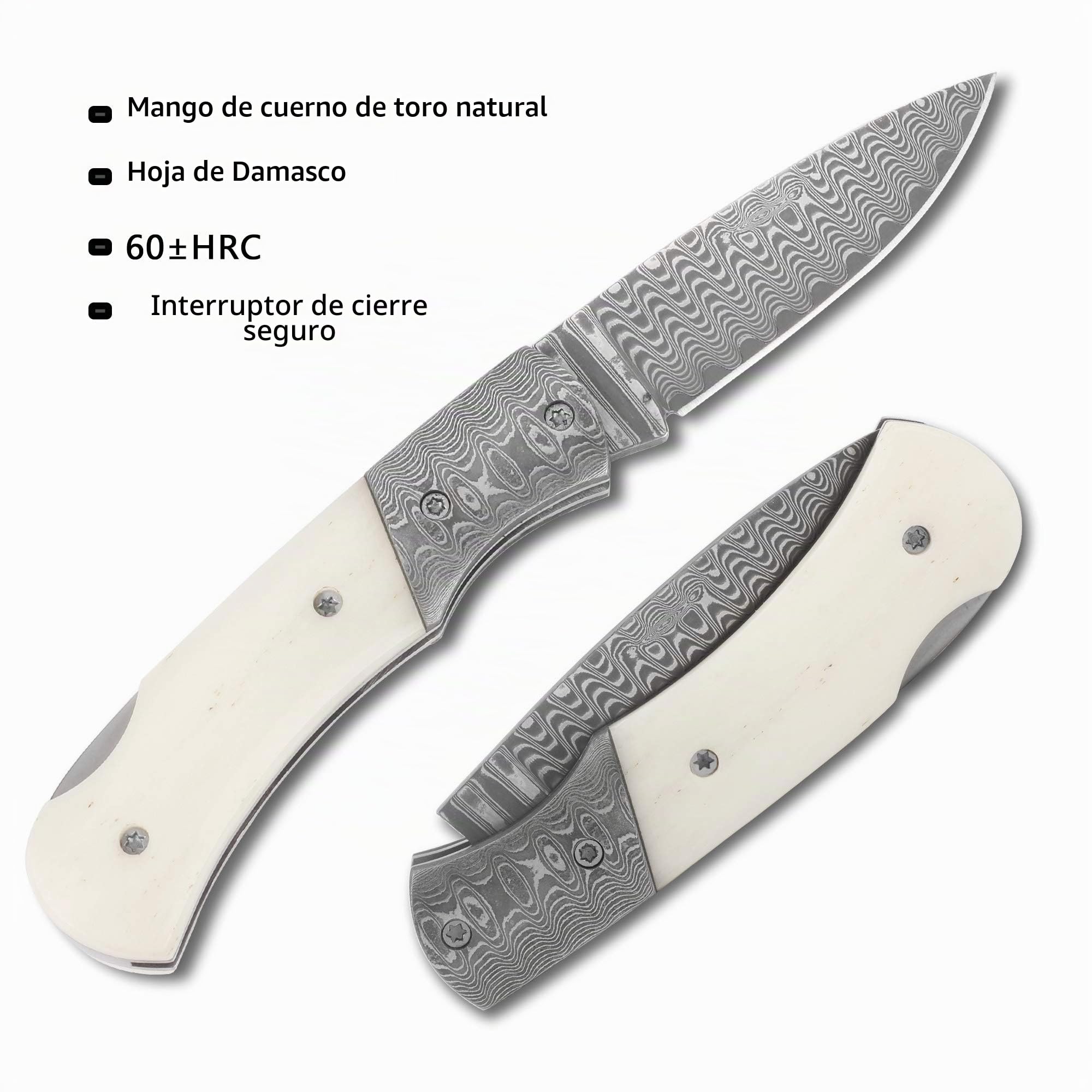 YOUSUNLONG Navaja de bolsillo y navaja 140mm - hoja de acero damasco - mango de hueso de toro