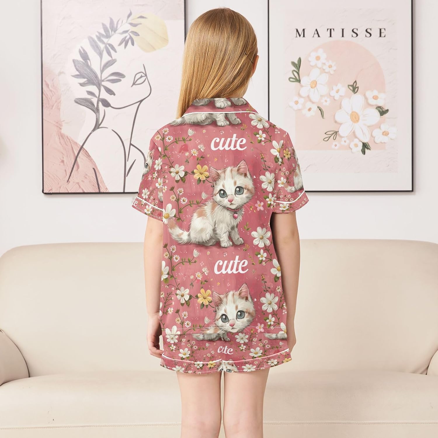 Little Girls 2pcs Pajama Sets Nighty Jammies for Big Boys Nightwear 5-6Y Cute Peach Cat Flower