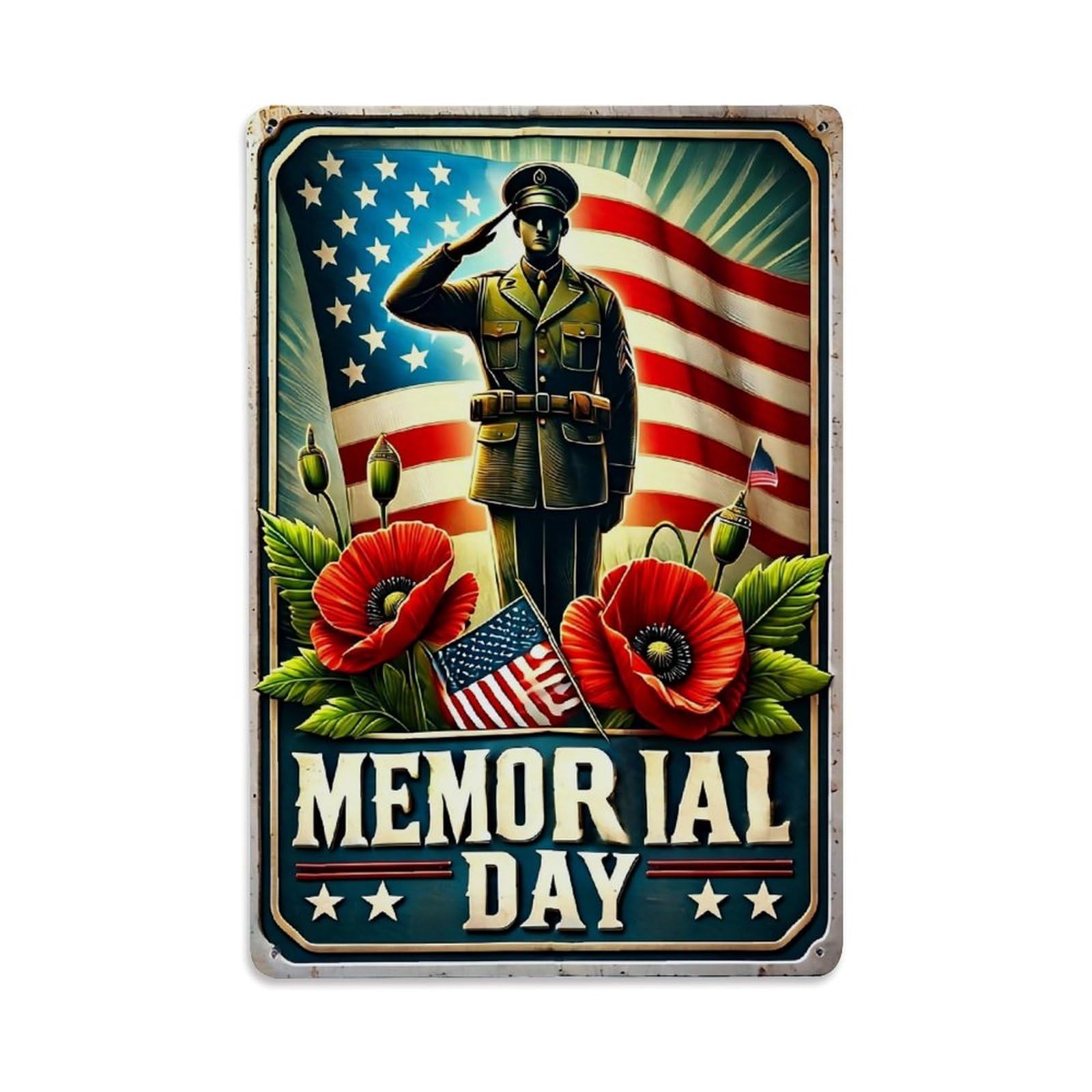 Jdfenggu Vintage Memorial Day Soldier Flag Poppies Stars Retro Metal Tin Sign, Decor Art Poster For Bar, Home, Man Cave, Kitchen, Laundry Room Gift 8X12inch