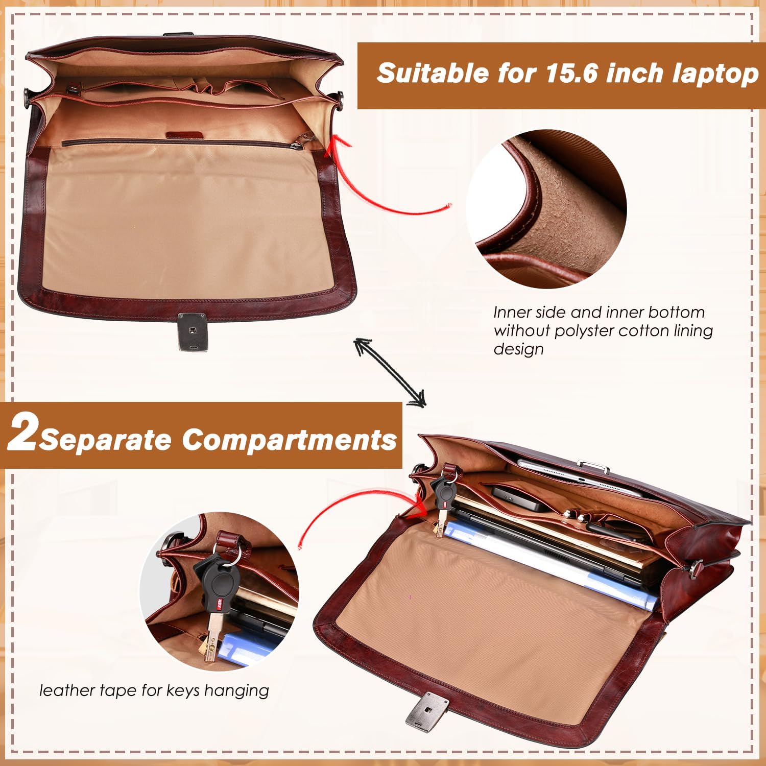 Banuce Vintage Full Grain Italian Leather Briefcase for Men 15.6 Inch Lawyer Briefcase with Lock Legal Attorney Bag with Luggage Strap Gradient Brown - Image 6