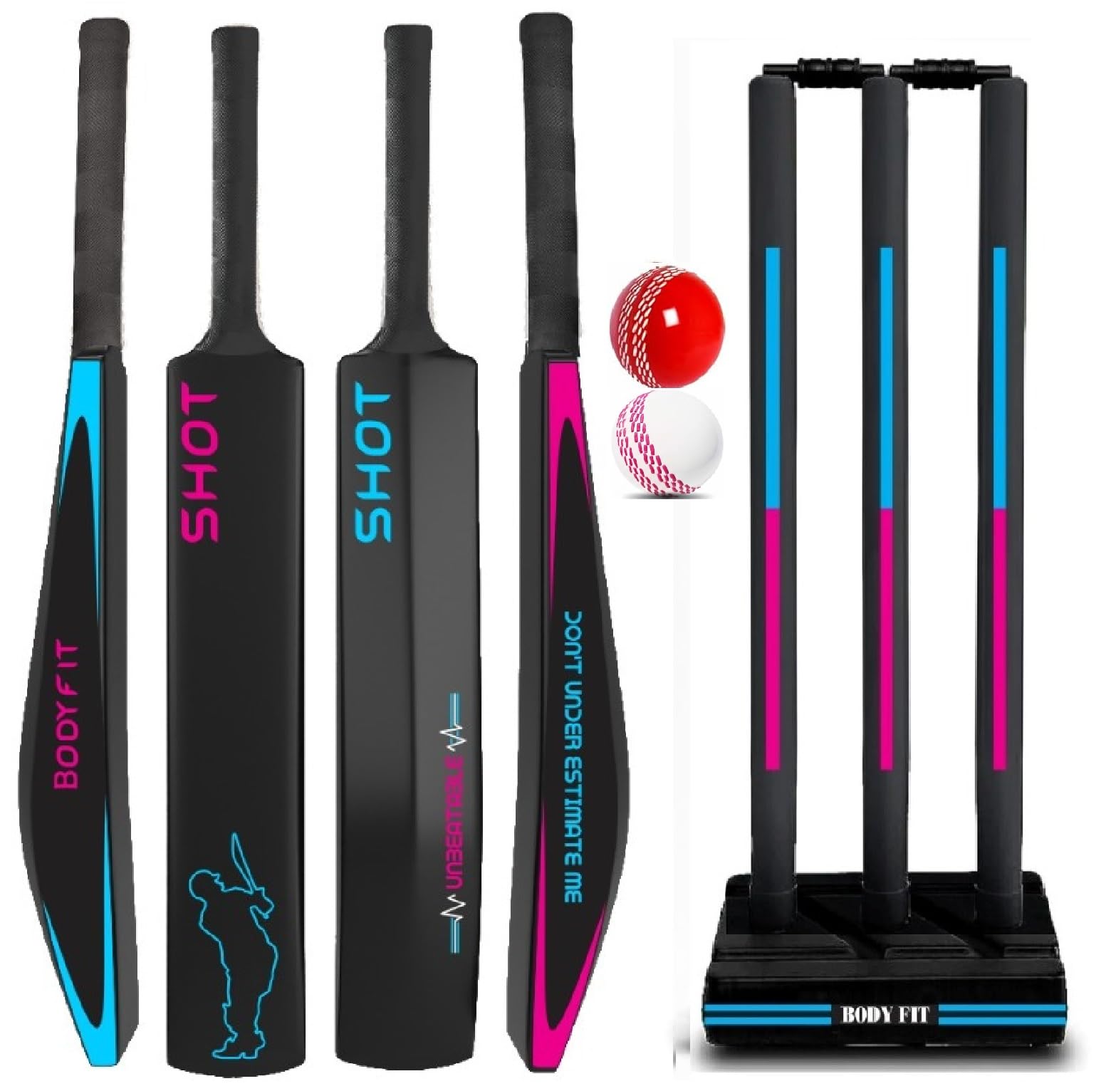 Bodyfit Heavy Duty Plastic Premium Cricket Kit Set | Lightweight| Full Size| | Hard Plastic Bat| Premium Cricket Wicket Set l 3 Stumps+2 Bails+1 Stand Set, 2 Balls, Ultimate Style,Shot Multi BP. | Complete Cricket Set, Plastic Stumps Included, Balls-picture-27