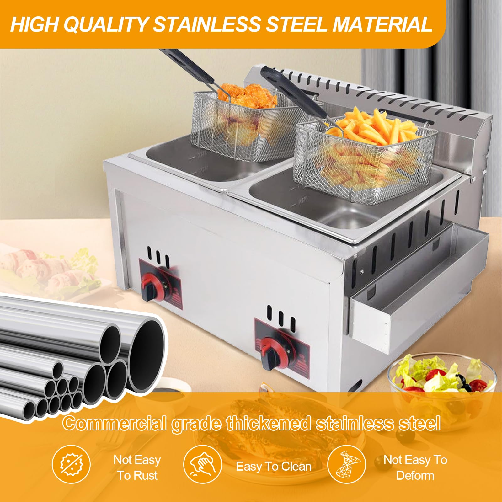 Gas Fritteuse Gastro 20L Gewerbliche Doppel Gasfritteuse Edelstahl Profi Gasfritteuse Mit Pommeskorb Für Restaurant, Heimküche, Snackbar