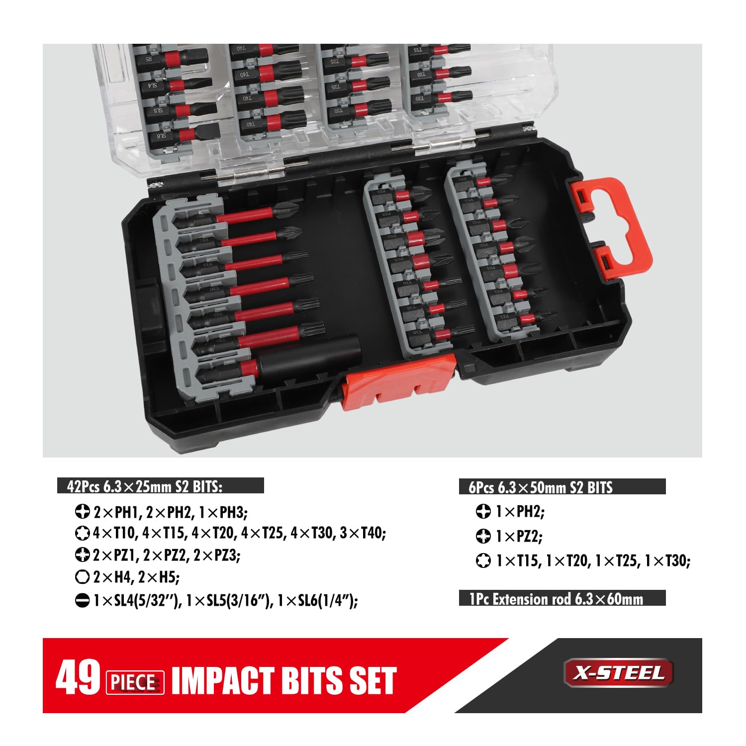 X-STEEL Juego de 49 brocas de impacto, brocas de acero de alta velocidad, puntas de destornillador de acero S2, soporte magnético, barra de extensión, juego completo para madera, metal y perforación