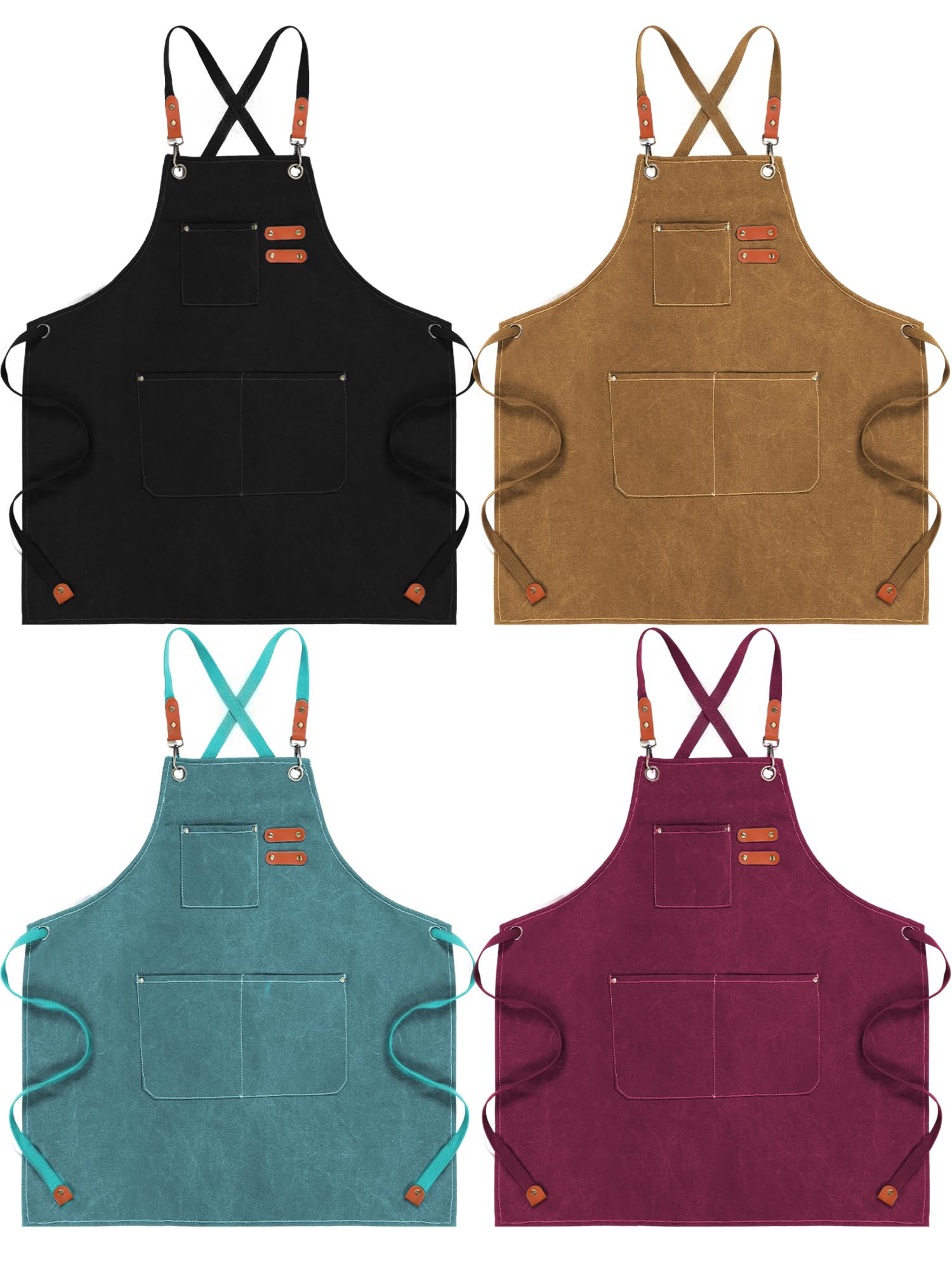 Toulite Lot de 4 tabliers de chef en toile pour homme avec sangle réglable dans le dos croisé et poche, 66 x 76 cm