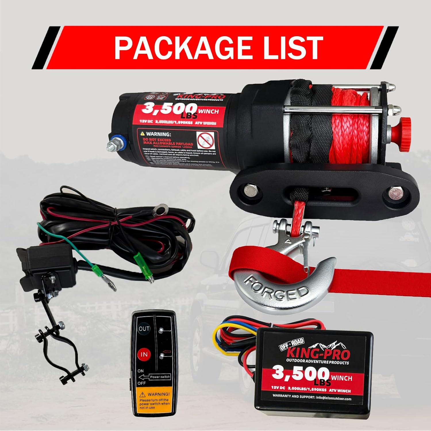 KING-PRO 3500 lb ATV UTV Recovery Winch, 12V Electric Winch Kit with 1/4"×33' Synthetic Rope Wired Remote and Wireless Remotes, IP68 Waterproof Off-Road