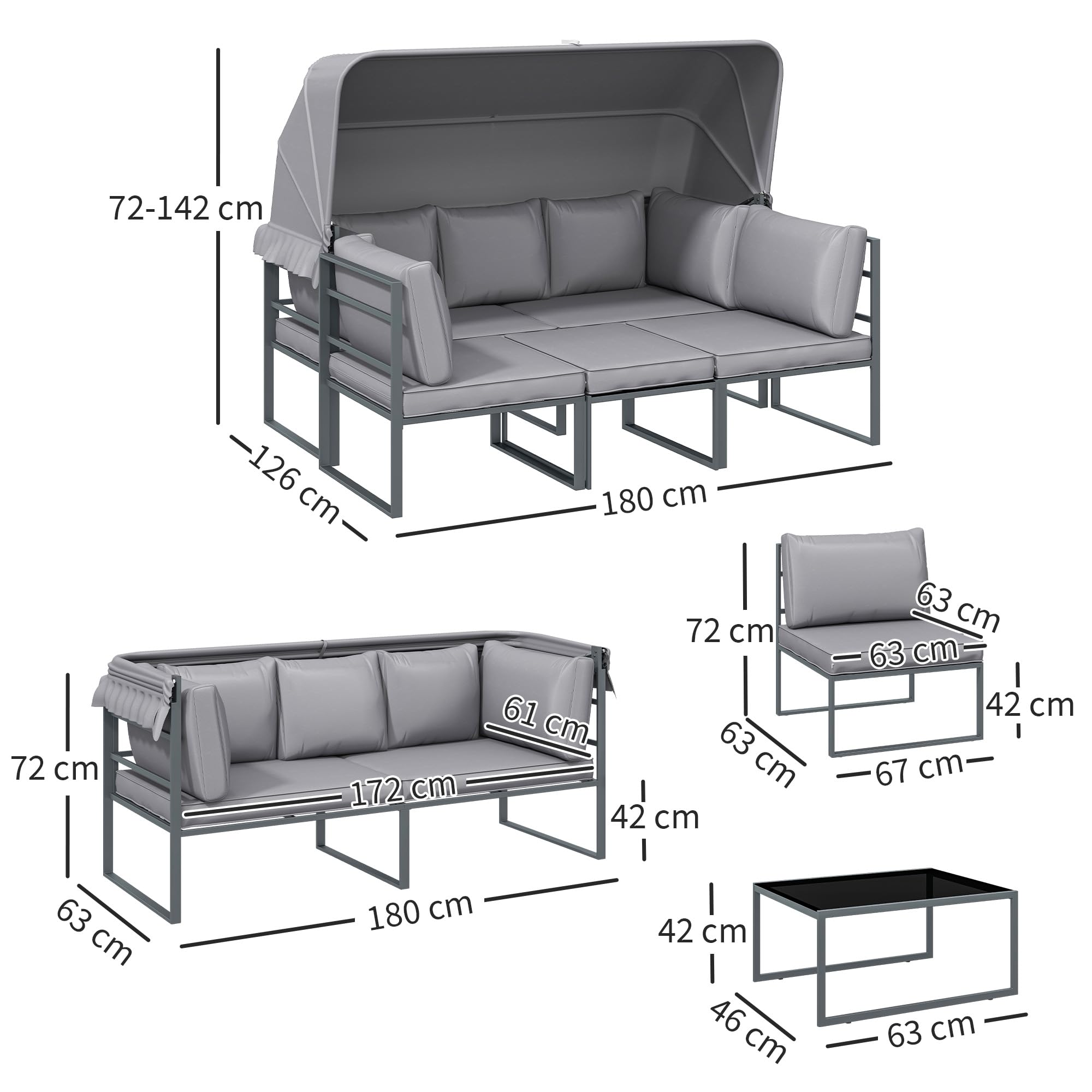 Outsunny Salon de Jardin extérieur 4 pièces modulaire avec canapé 3 Places, 2 fauteuils et Table Basse en Verre trempé, mobilier de Jardin avec Coussins Inclus pour terrasse ou véranda, Gris