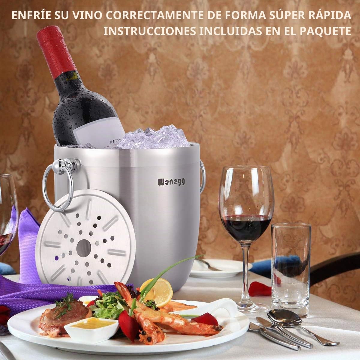 Cubo de Hielo Aislado de Acero Inoxidable de 3 litros con Tapa, Cuchara, Pinzas y colador, Mantiene el Hielo congelado para cócteles y Fiestas