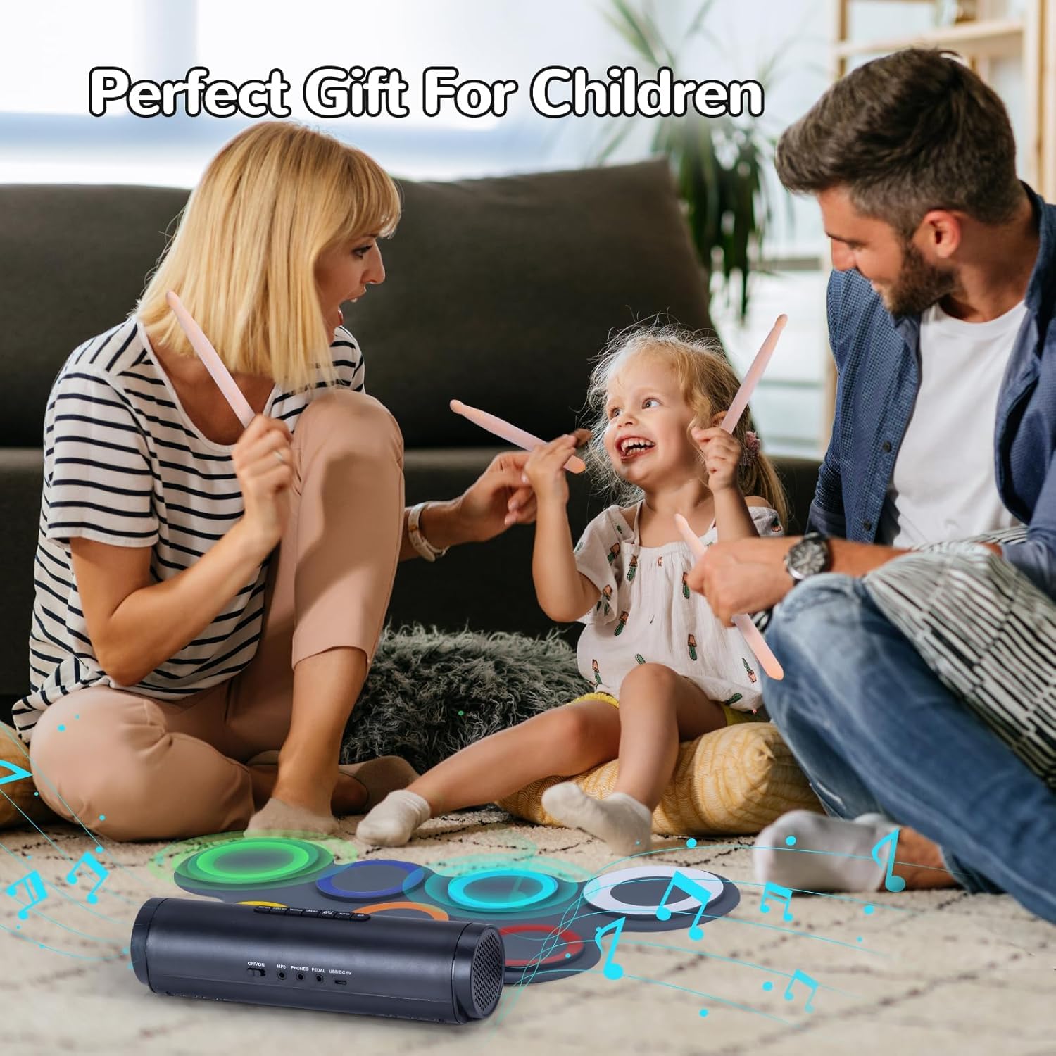 IWORD Set di batteria elettronica, pad per esercitarsi con batteria arrotolabile, con jack per cuffie, altoparlante integrato, pedali, bacchette, 10 ore di autonomia, ottimo regalo di compleanno per