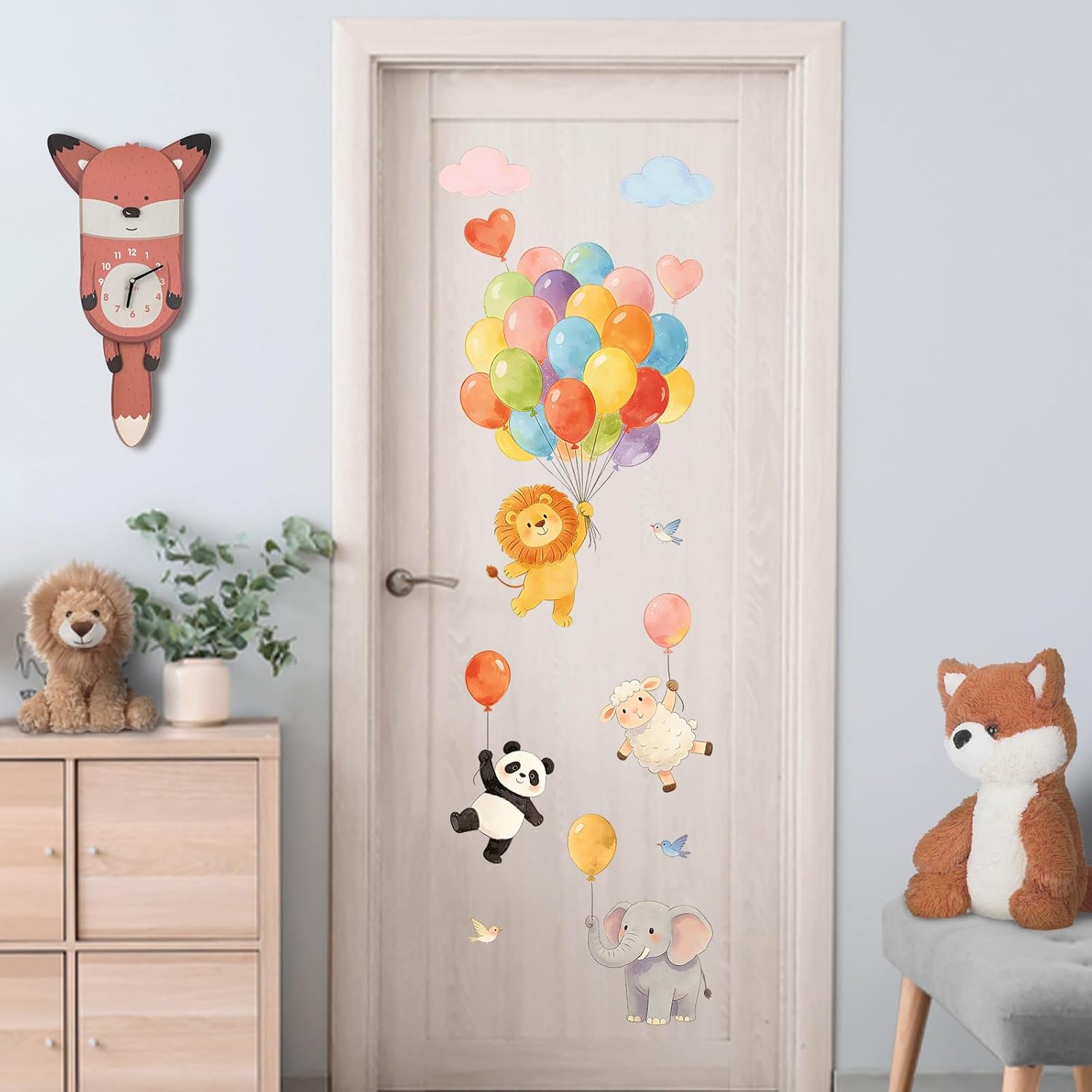Mfault Watercolor Animals Balloons Wall Decals Stickers, Cute Lion Panda Elephant Sheep Zebra Nursery Decorations Kids Bedroom Art, Cloud Birds Baby Toddlers Room Playroom Classroom Decor