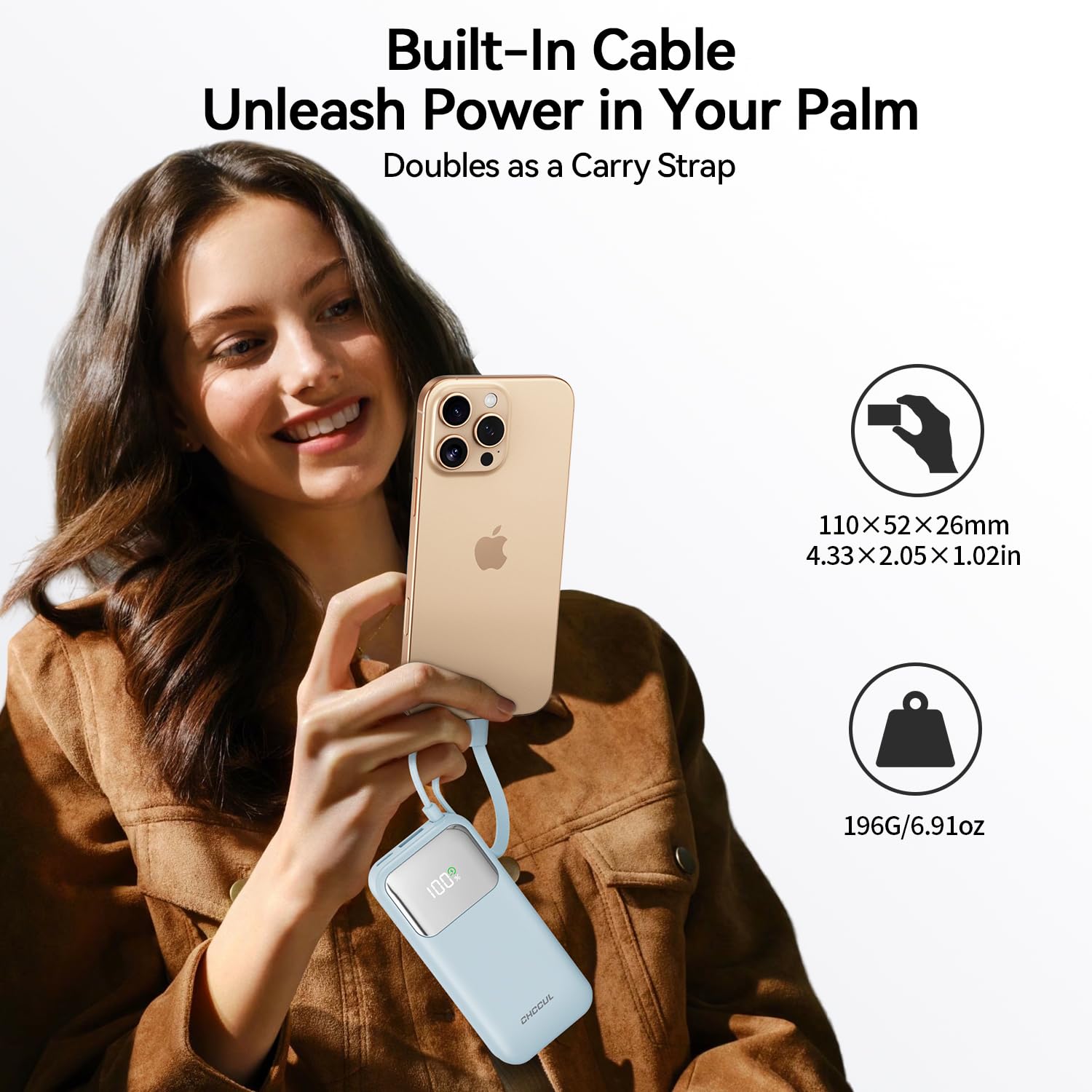 CHCCUL Portable Charger, 10,000mAh 35W Power Bank with Built-in USB-C Cable for Travel, Fast Charging Battery Pack for iPhone 16/15 Series, MacBook, Galaxy, iPad, AirPod,and More