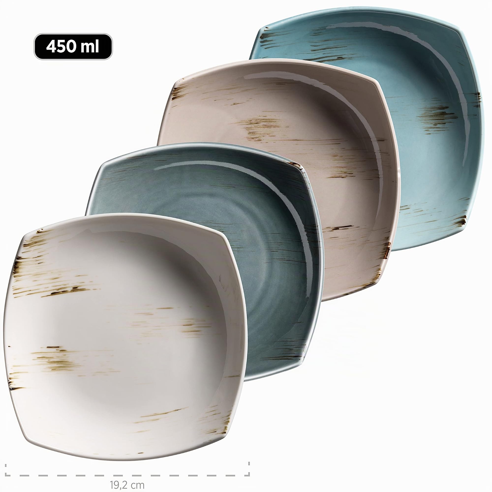 MÄSER 931448 Serie Derby, set di stoviglie premium con piatti quadrati per 4 persone in qualità gastronomica, servizio moderno combinato, 16 pezzi, colori pastello, porcellana durevole