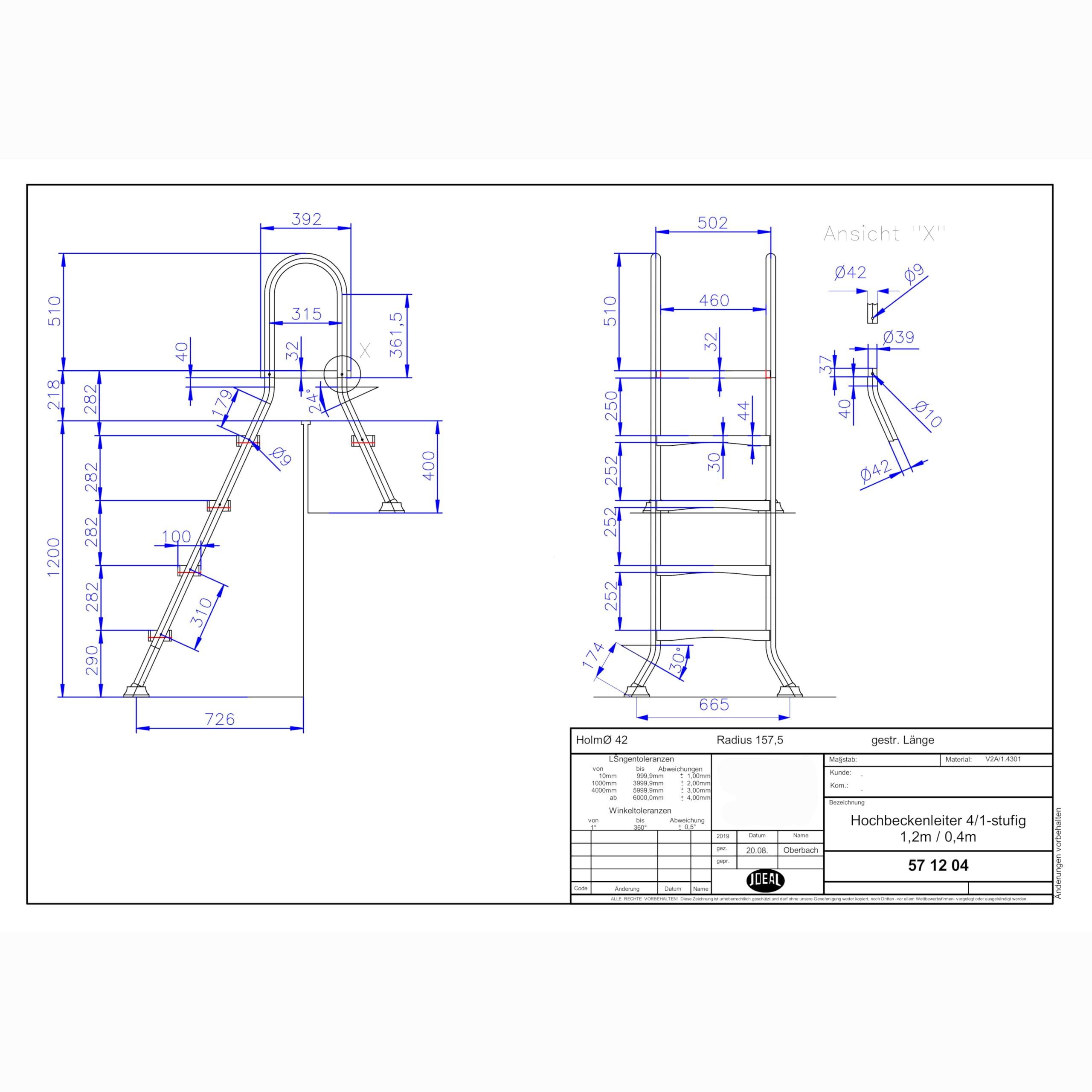 HAF Ideal Eichenwald Scala per piscina rialzata 4+1 gradini (1,2 m/0,4 m) in acciaio inox V2A, scala per piscina con gradini in plastica antiscivolo e piattaforma, stabile scala per piscina fuori