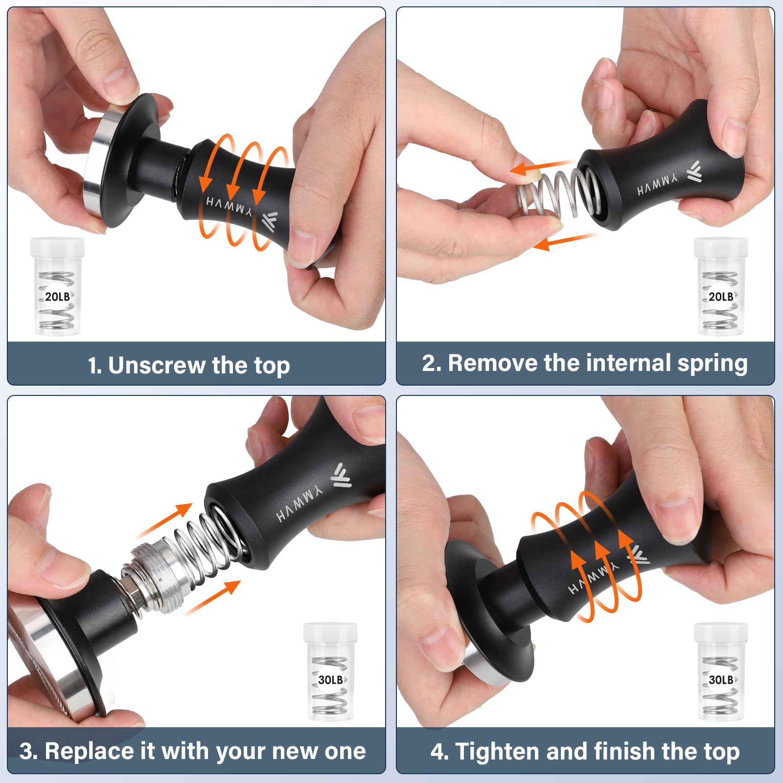 Espresso Tamper 53.3MM, Premium Barista Espresso Coffee Tamper with 2 Calibrated Spring Loaded Stainless Steel Ripple Base, Constant 30lb, Compatible with Espresso Coffee Machine (Black)