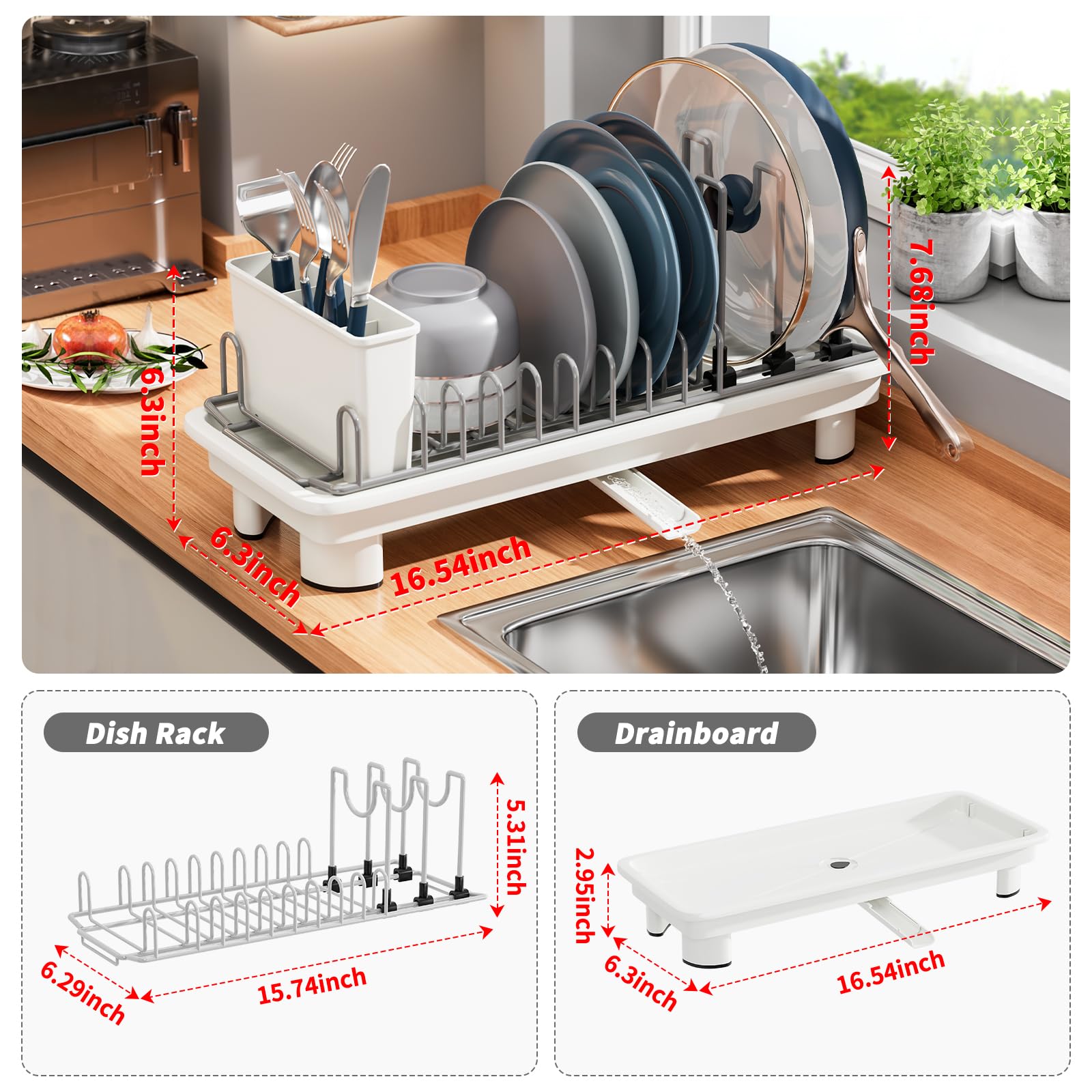 SanDream Escurridor de platos pequeño, estante compacto para encimera de cocina con soporte extraíble para cubiertos, boquilla giratoria de 360°, escurridor de platos multifuncional de acero