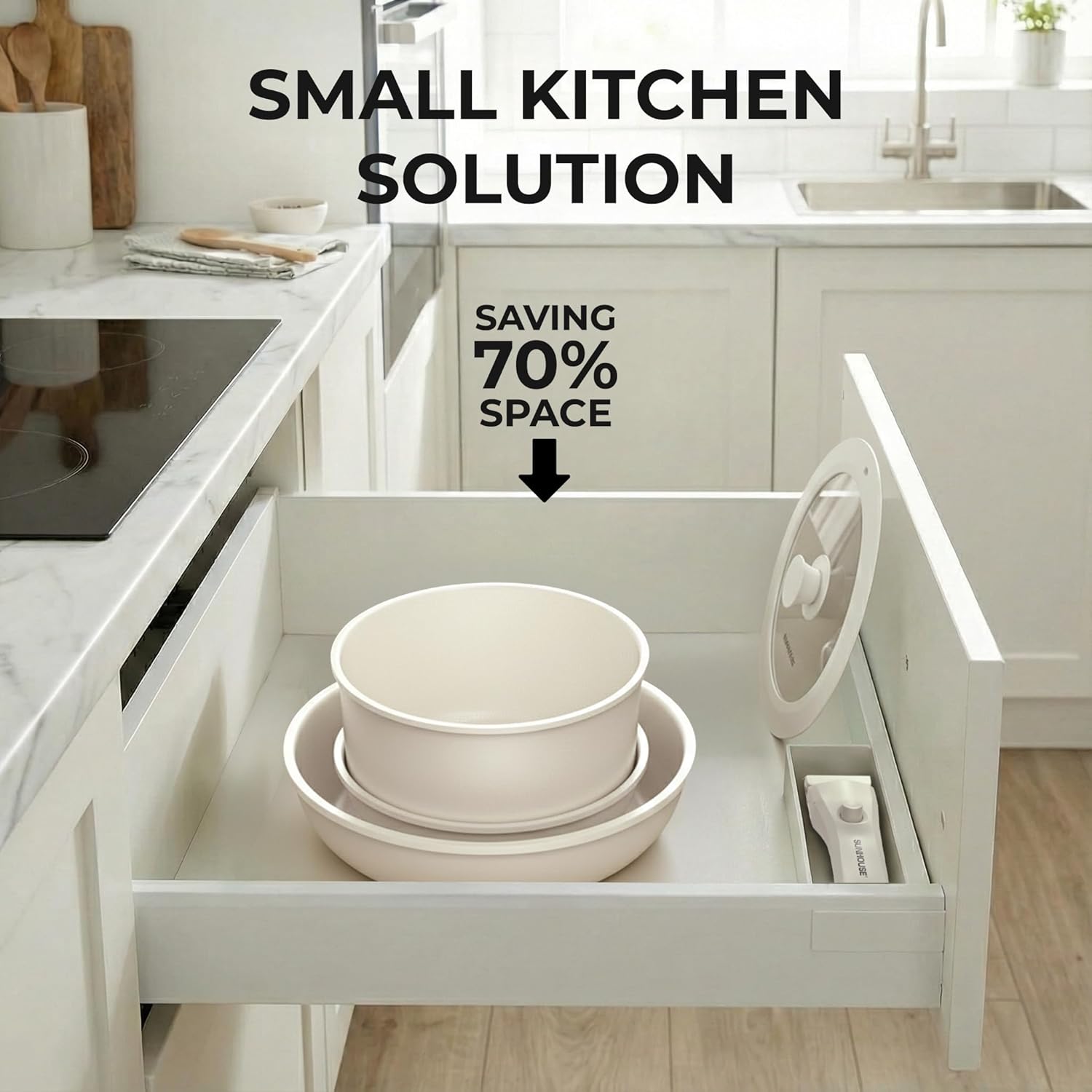 SUNHOUSE 5-Piece Ceramic Pot & Pan Set with Detachable Handle - Nonstick Cookware Set with Lid - PFOA, PFAS & PTFE-FREE, RV Cookware for camping, Dishwasher safe, Oven Safe