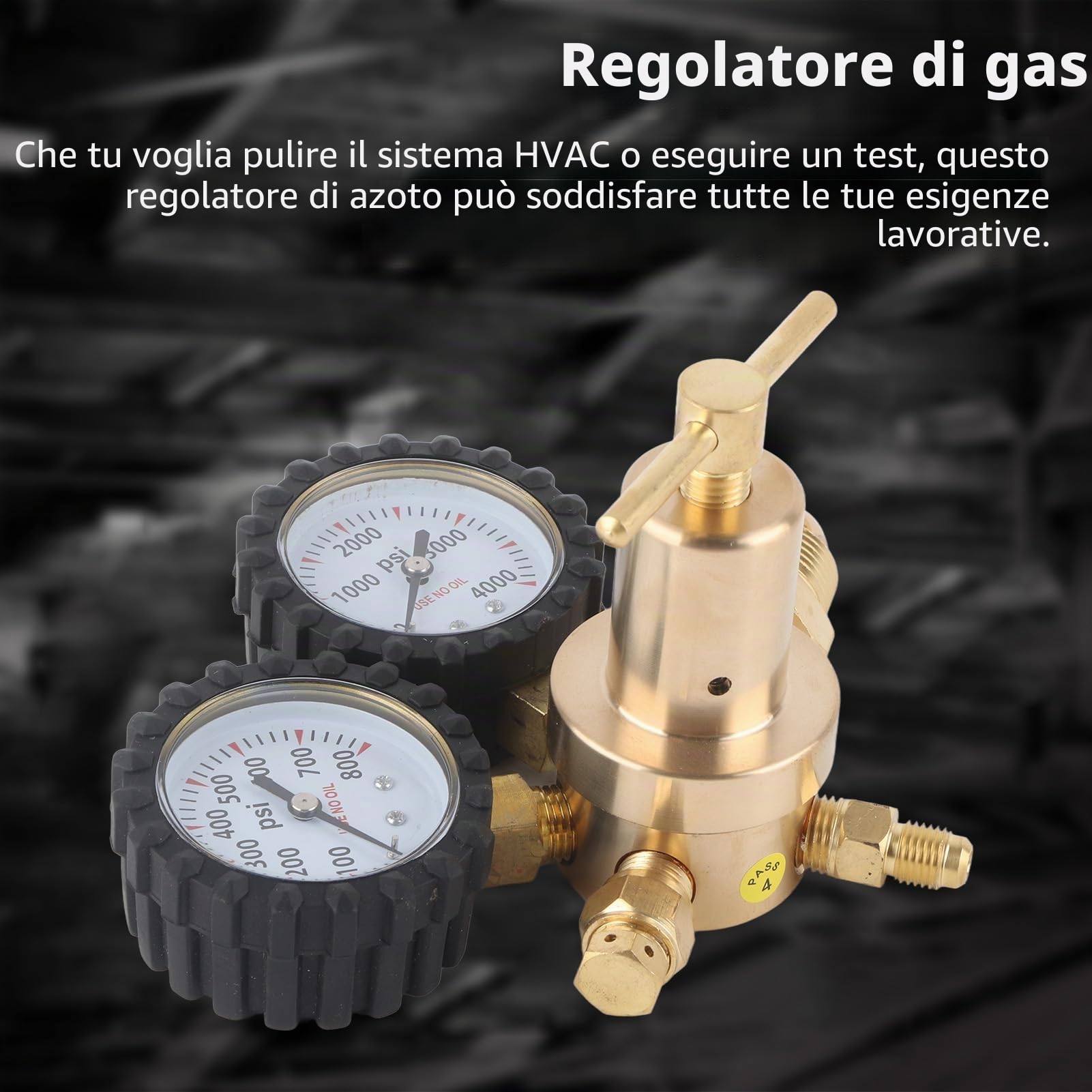 Regolatore di Pressione Azoto con Doppio Manometro, 0-800 PSI, Ottone, per Cilindri Industriali e Alimentari, 16,5 cm