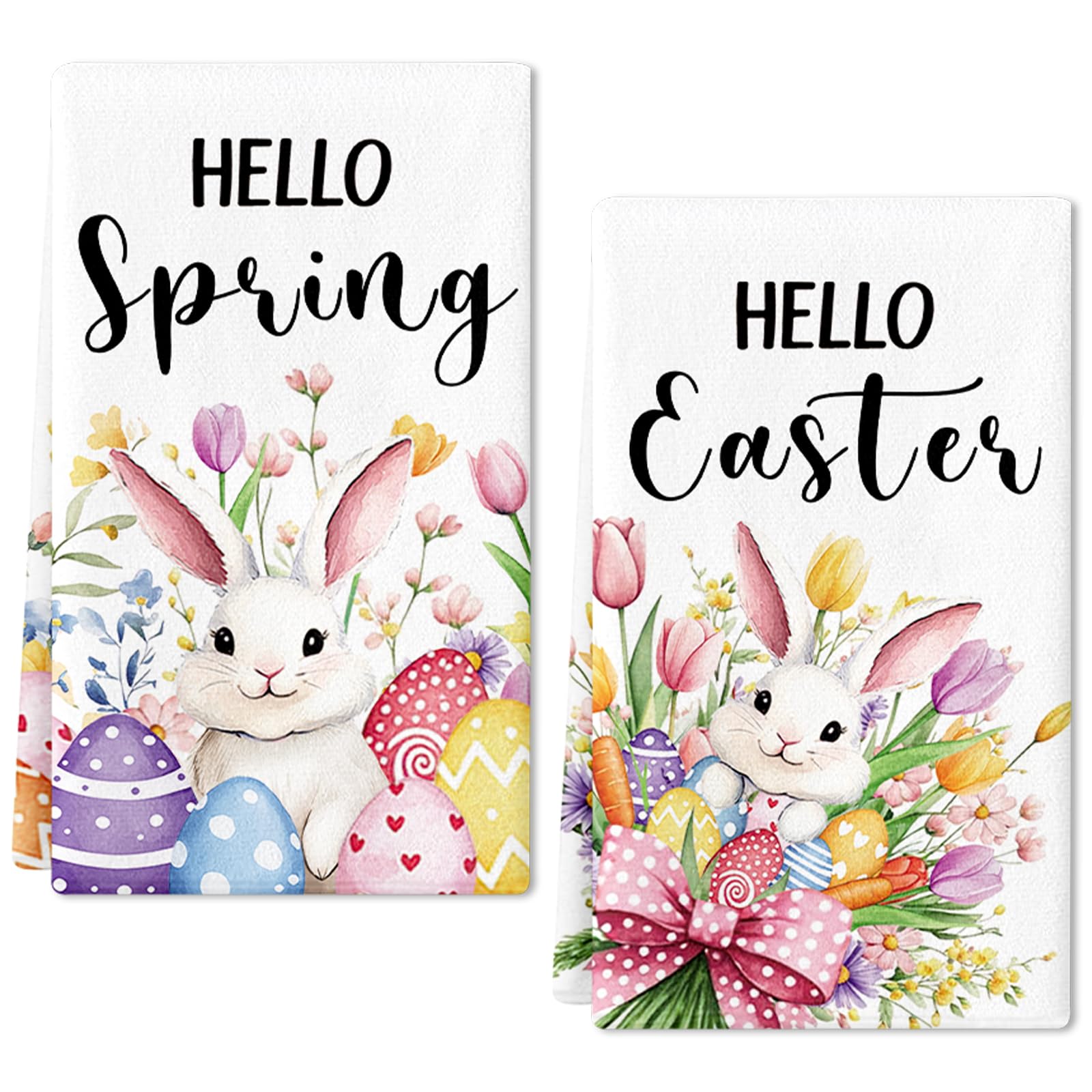 Easter Kitchen Towels Set of 2,16x24 Inch Colorful Rabbits Bunny Easter Tulip Floral Hand Towels Absorbent Drying Dishcloth Tea Towels for Eggs Flower