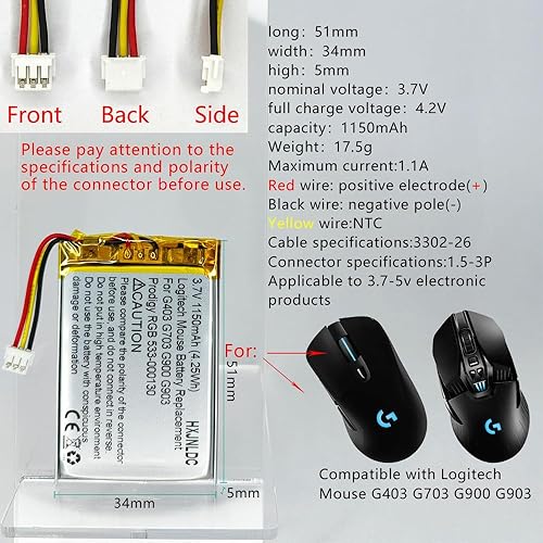 Miniatura 2 de DC 3.7V 523450 1150mAh batería recargable de polímero de litio para ratón inalámbrico Logitech G403 G703 G900 G903 Prodigy RGB 533-000130