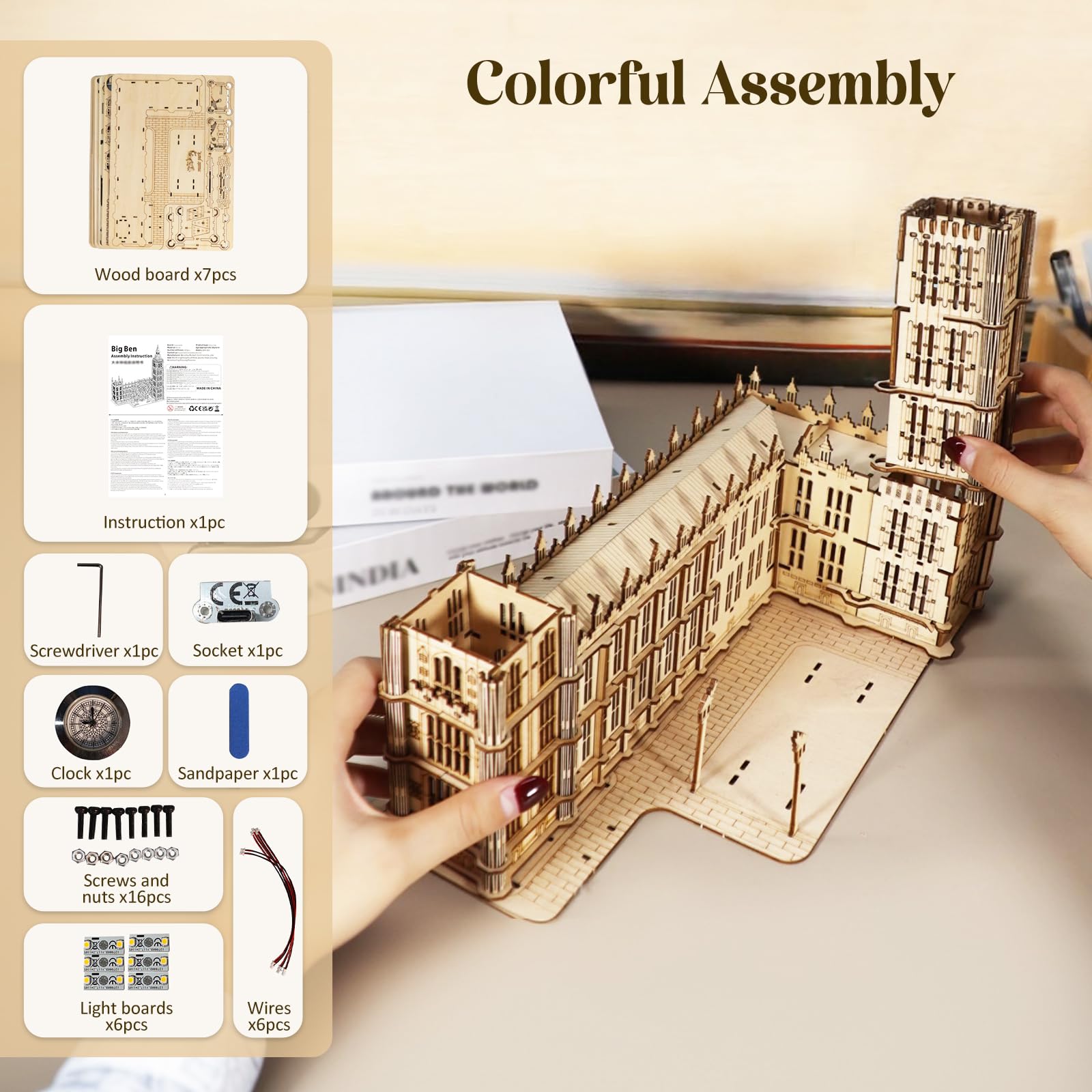 3D Holzpuzzle Big Ben mit Echter Uhr - 35cm London Modellbausatz für Erwachsene - DIY Bastelset ohne Kleber mit Beweglichem Riesenrad - Deko für Wohnzimmer & Büro - Geschenk für Männer & Frauen