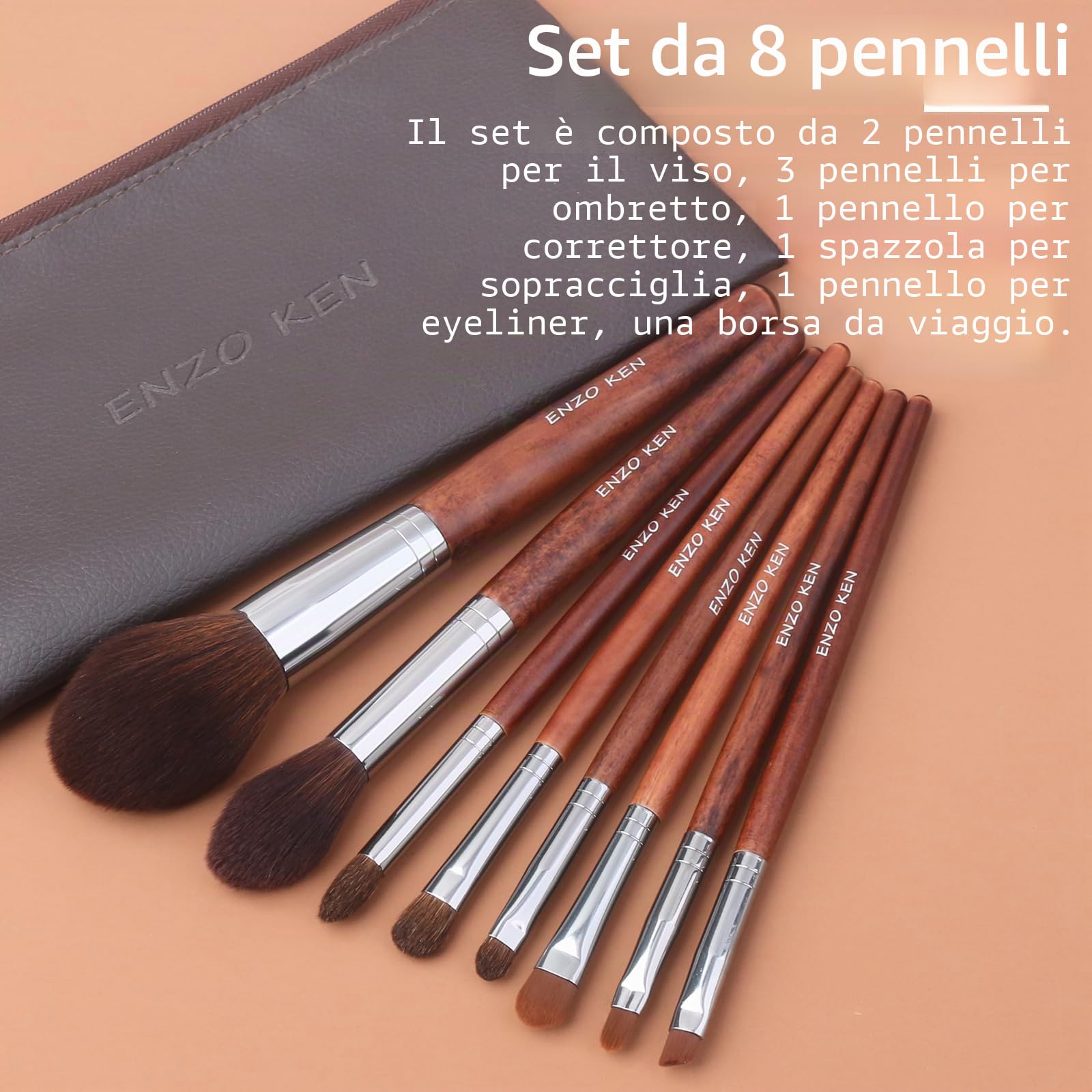 ENZO KEN - Set di pennelli professionali per trucco, con crini di cavallo naturali, con custodia, lussuosi, in legno, pennelli da trucco con setole naturali