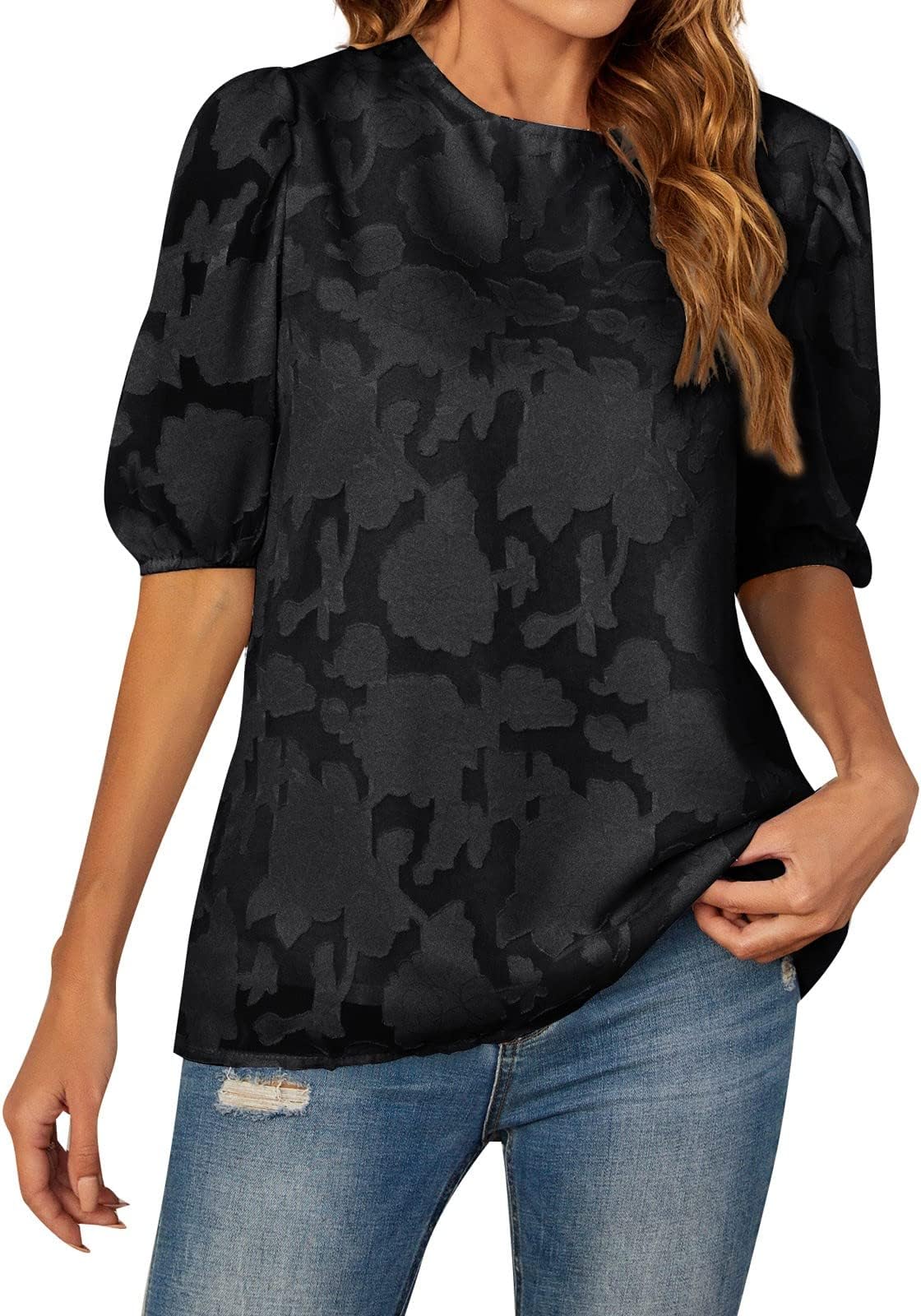 Tops for Women UK,Women's Summer Flower Textured Puff Sleeve Chiffon Loose Sweet Top T-Shirt,Ruffle Tunic Tops Loose T Shirt Blouse for Leggings