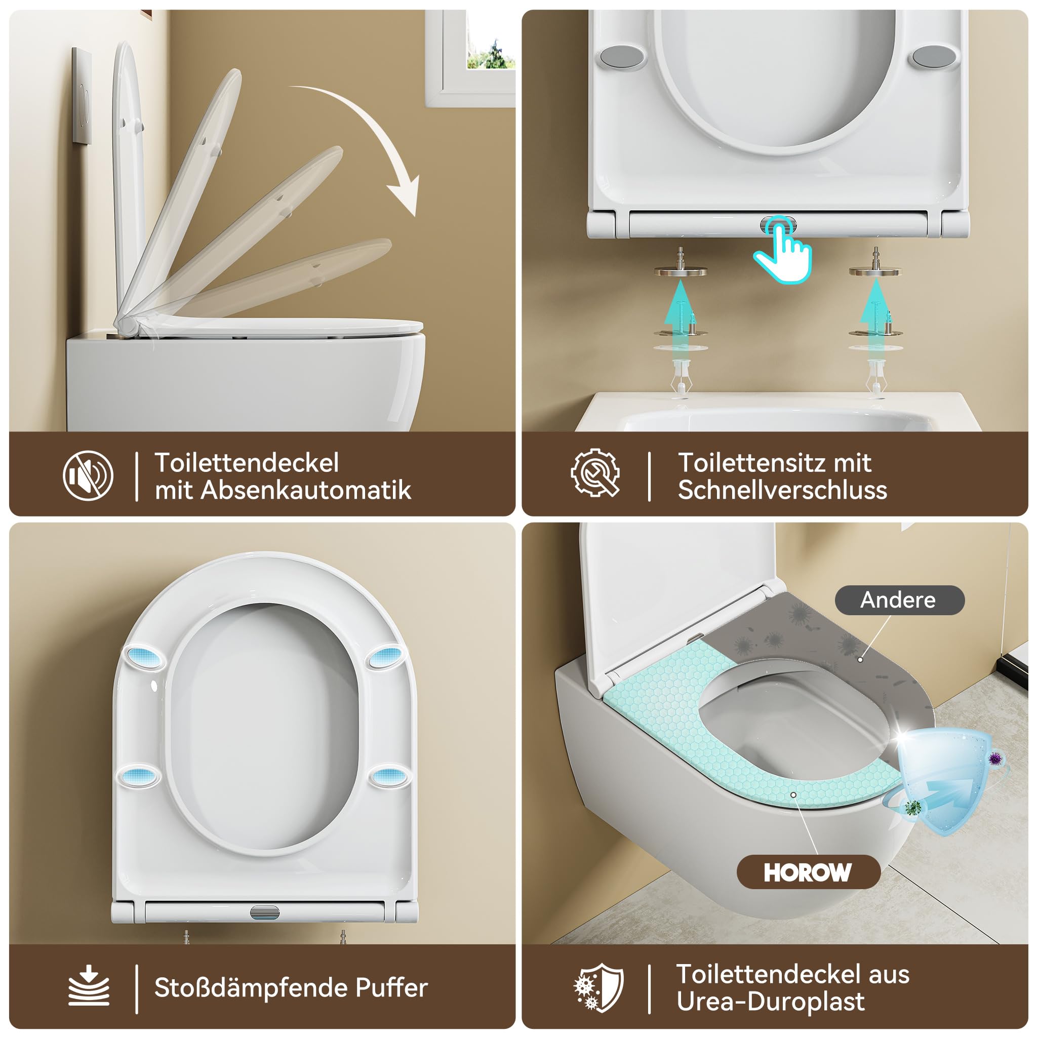 HOROW WC da parete senza bordo con coperchio WC con abbassamento automatico