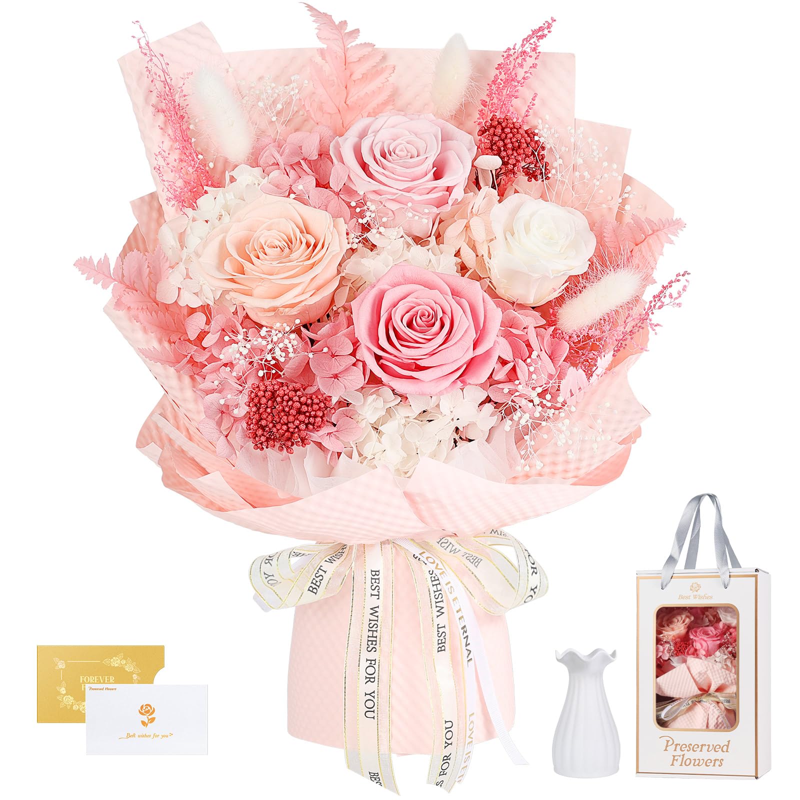 Ewige Rosen Blume Strauß mit Vase-Rosa, Infinity Konservierte Echt Flower, Rosestrauß in Geschenkbox, Geschenk für Sie Frauen Freundin Mama Oma zum Valentinstag Jahrestag Geburtstag Muttertag