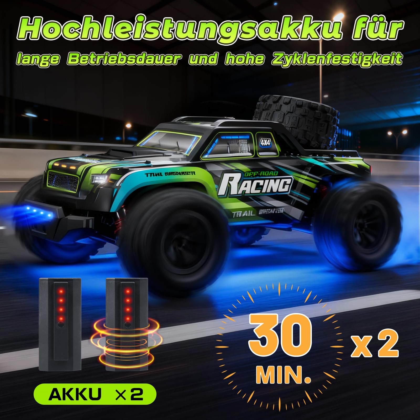 Macchina Telecomandata - Auto telecomandata ad alta velocità 1:16 38 km/h 4x4 All Terrains 2.4G RC Truck con luci RGB respiranti Veicolo RC fuoristrada con 2 batterie ricaricabili - Verde