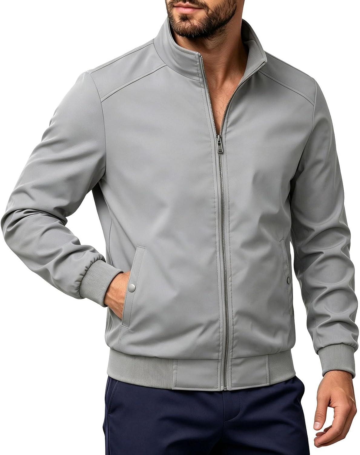 Men's Stand Collar Bomber Jacket Zip Front Casual Ribbed Hem Coat