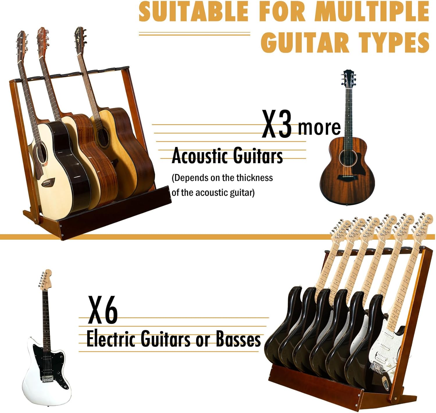 6 Guitar Stand for Multiple Guitars, Hard Beech Wood Folding Guitar Rack with Padding, Floor Display Holder for Acoustic Electric Bass Guitars