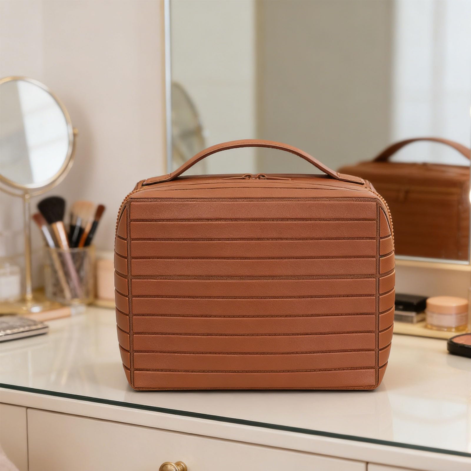 Bolsa de Maquillaje de Viaje, Bolsas de Cosméticos de Gran Capacidad para Mujeres, Bolsa de Aseo Plegable a Prueba de Agua, Diseño Abierto (Brown)