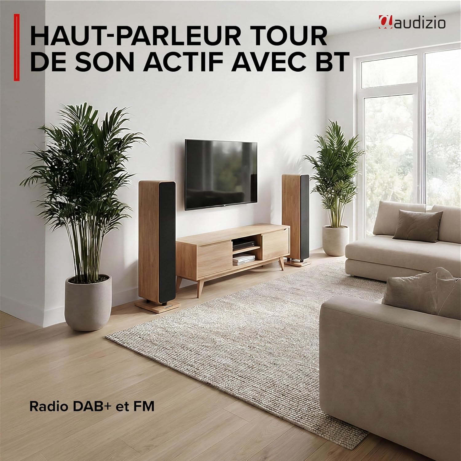 Audizio ARCO Tour De Son Hi-FI BT Chêne Clair 160W - Enceinte Colonne Active Amplifiée avec LED, Mode Stéréo, TV, Streaming et Salon