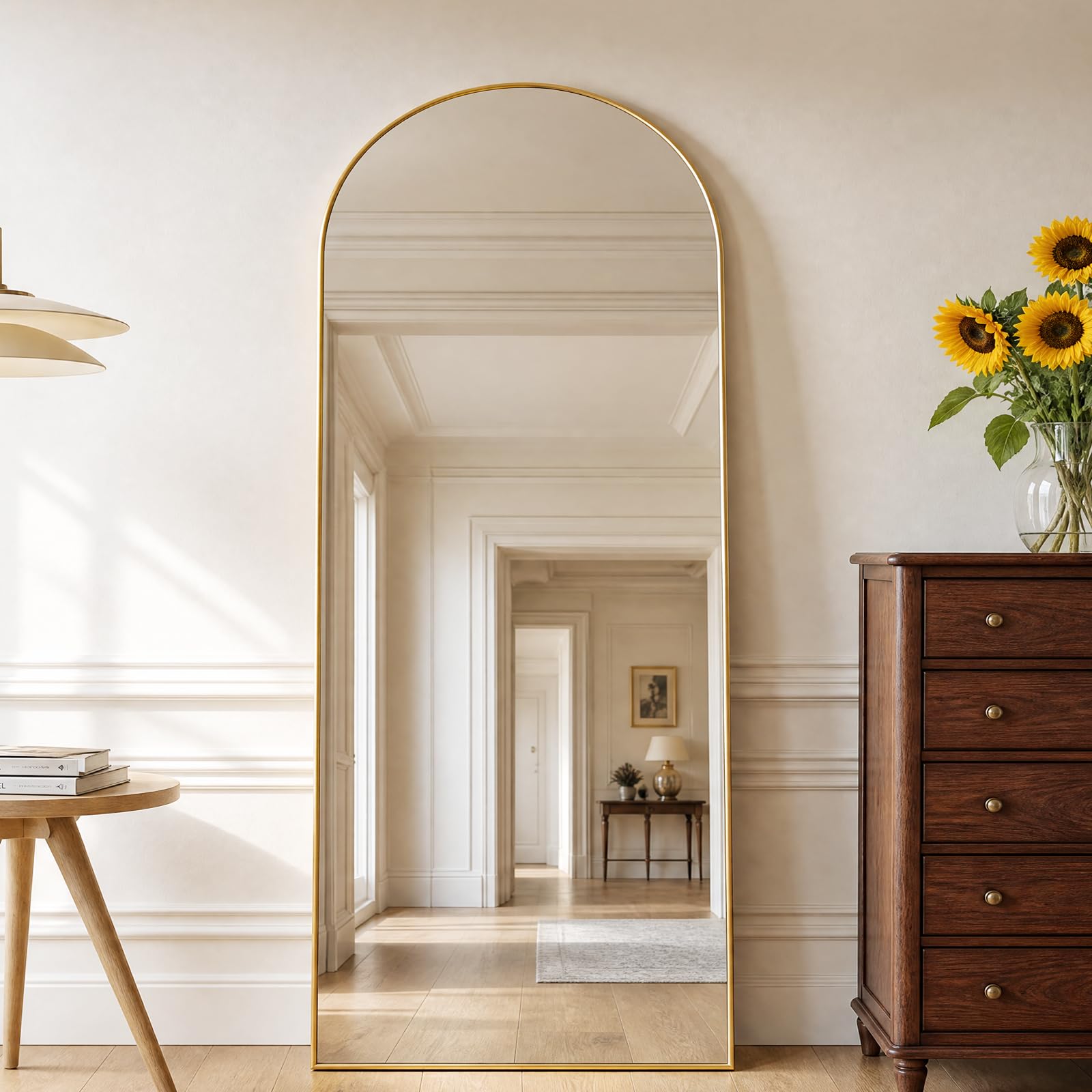 Arbor life Arched Floor Mirror, 165x60cm Full Length Mirror with Stand, Aluminium Alloy Frame, Tempered Glass, For Bedroom, Living Room, Cloakroom, Standing Hanging or Leaning Against Wall, Gold